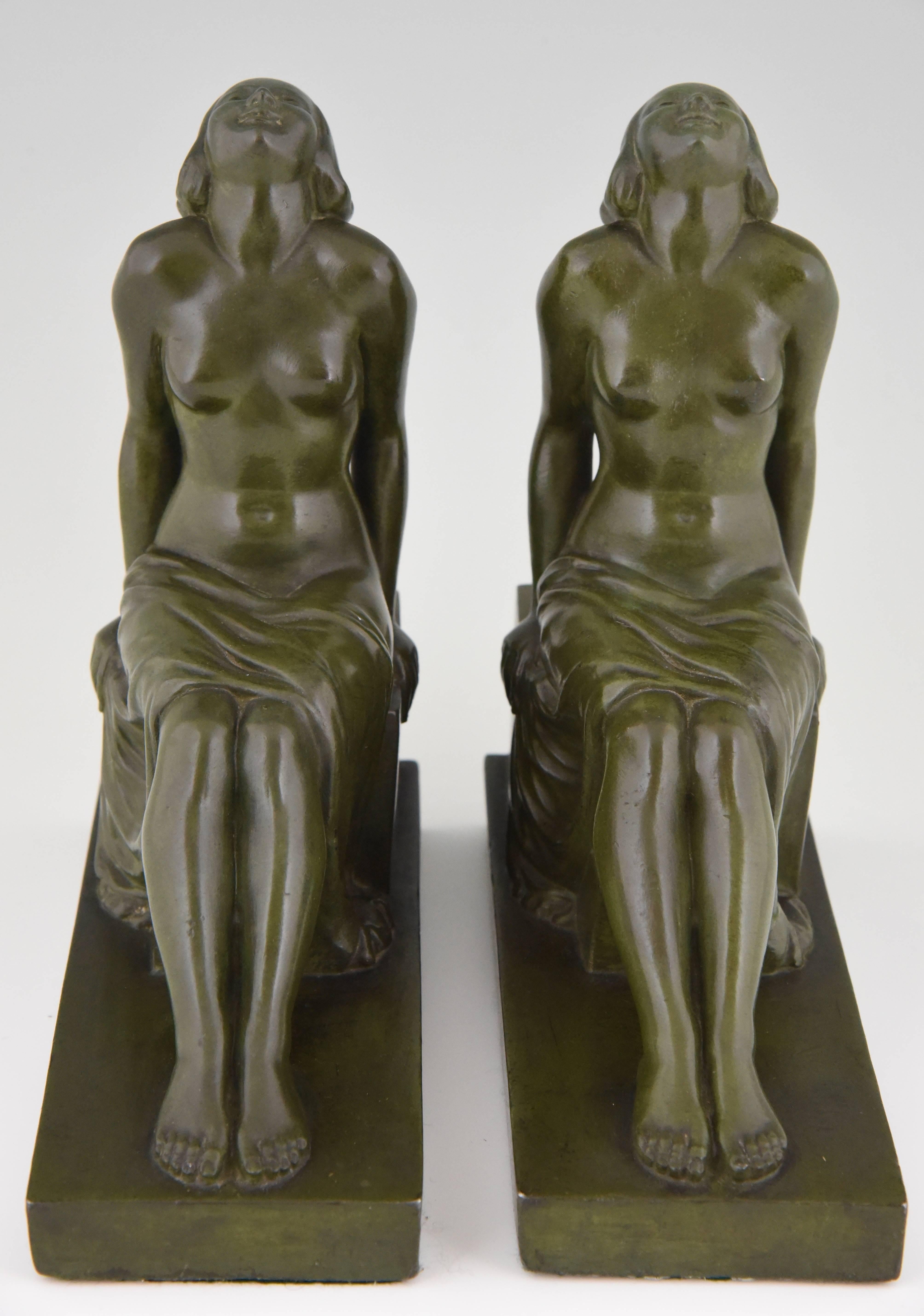 Metal French Art Deco Bookends Sitting Nudes by Janle, 1930
