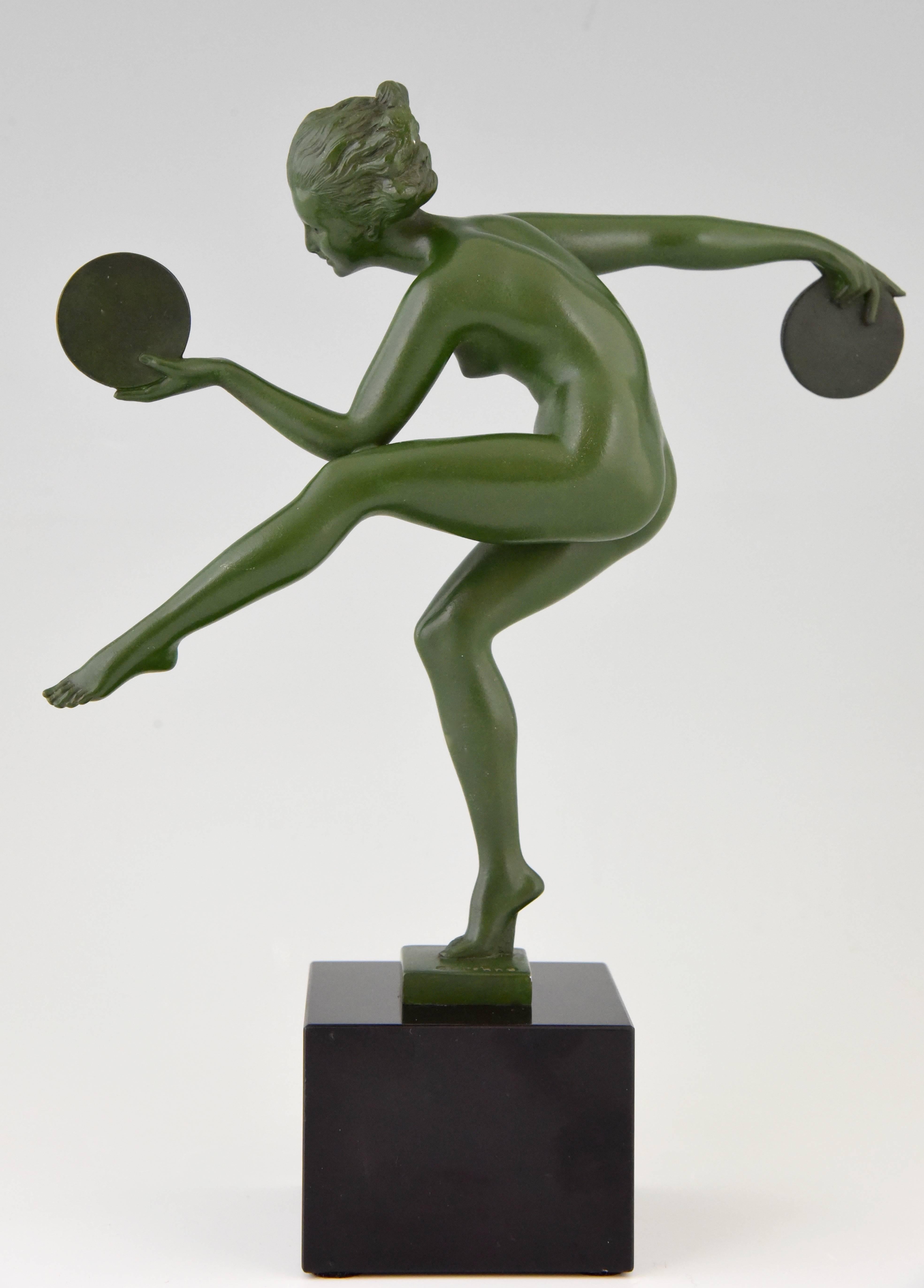 Patinated French Art Deco Sculpture Nude Disc Dancer Derenne, Bouraine, 1930