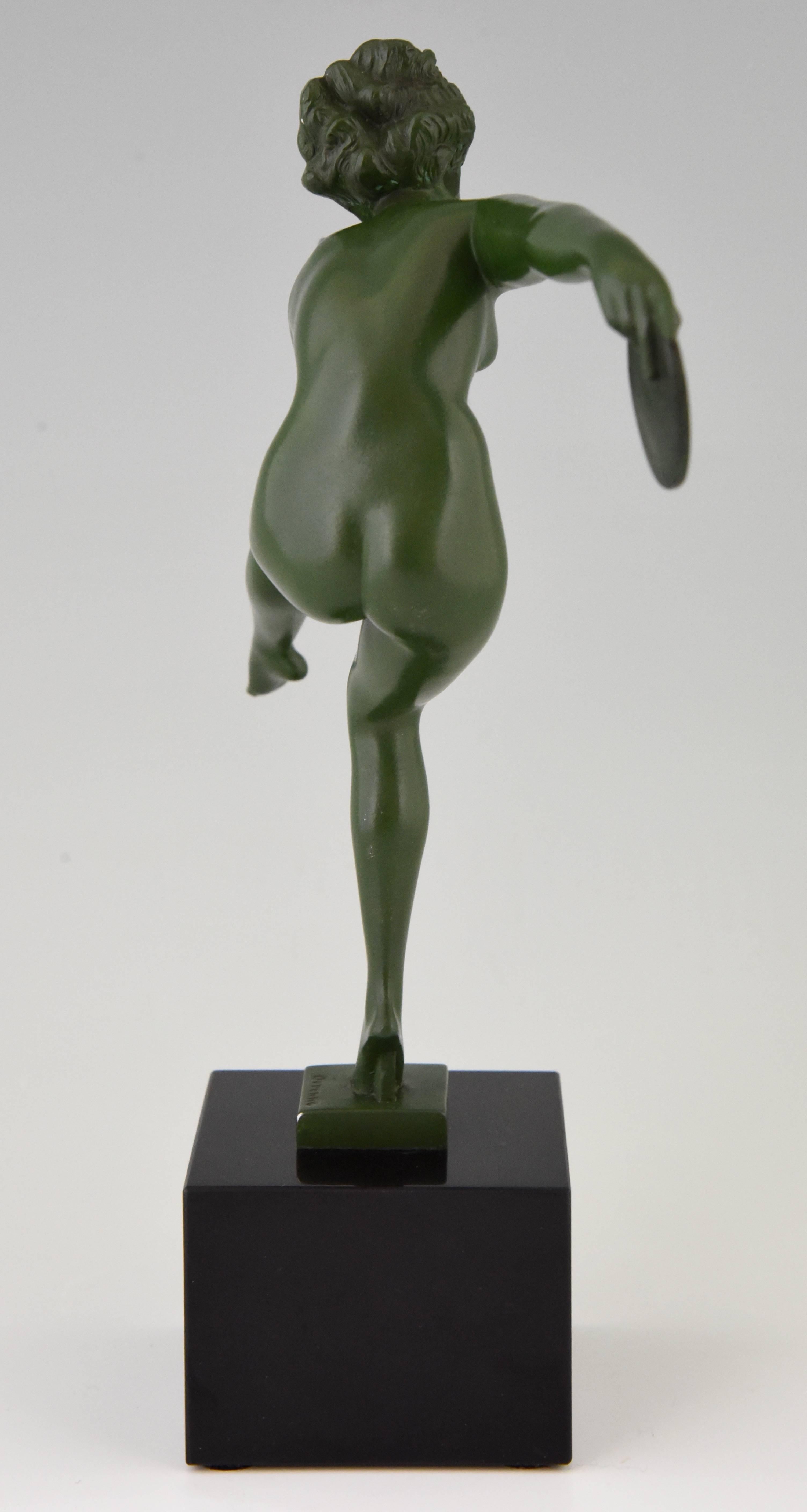 Metal French Art Deco Sculpture Nude Disc Dancer Derenne, Bouraine, 1930