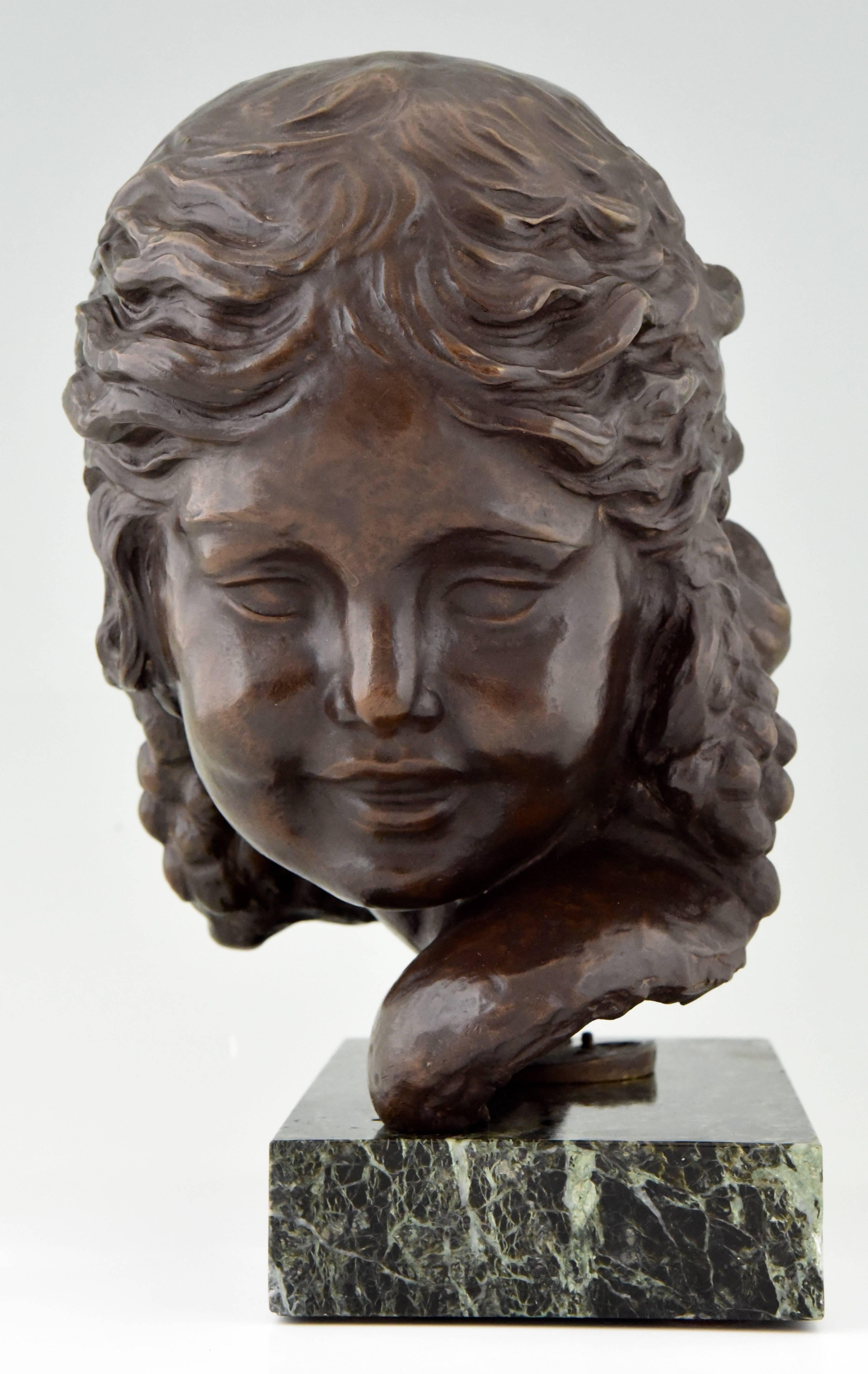 Patinated Art Deco Bronze Bust of a Girl by Alexandre Kelety, 1930 France