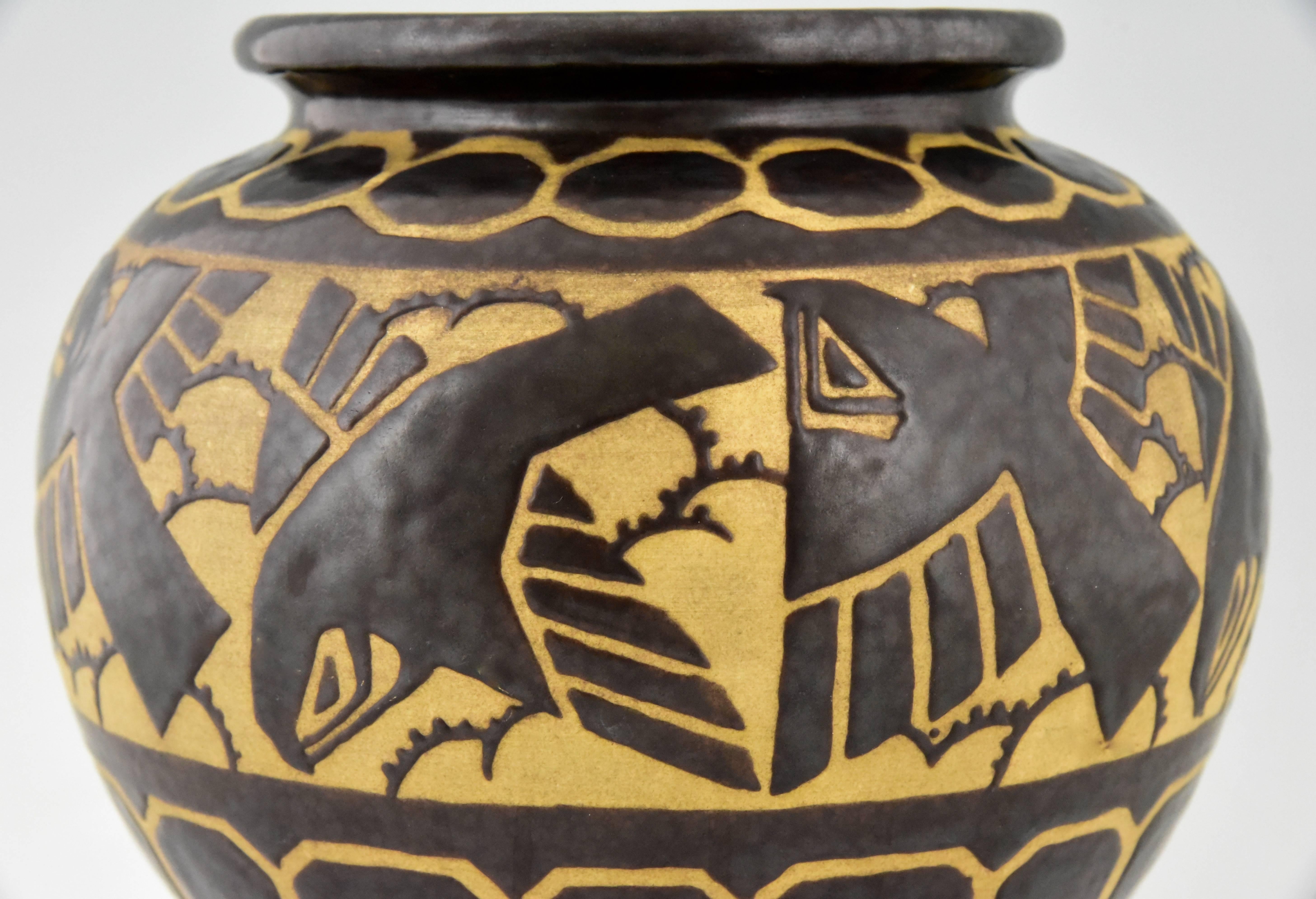 Ceramic Charles Catteau Gres Keramis, Art Deco Vase with Birds, 1925