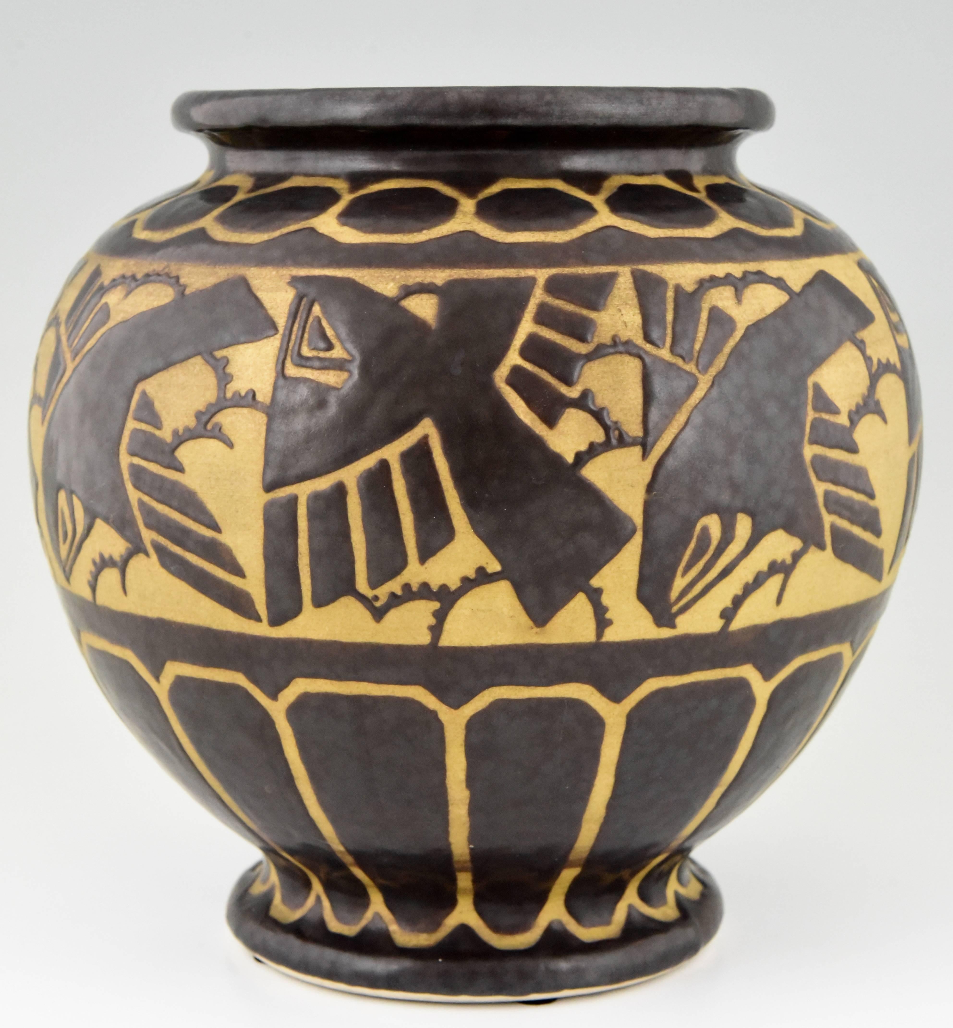 Belgian Charles Catteau Gres Keramis, Art Deco Vase with Birds, 1925