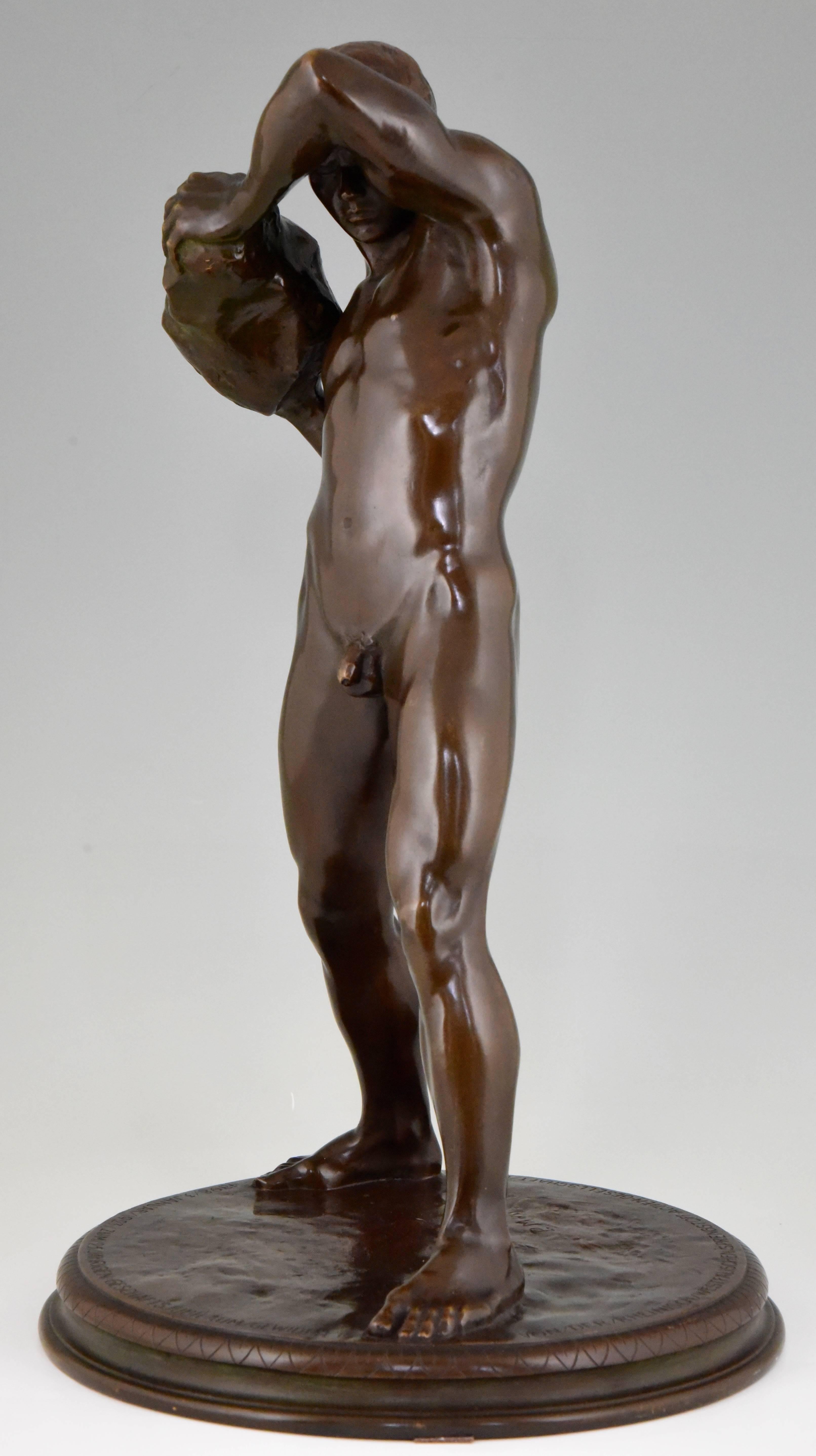 Romantic Antique Bronze Sculpture Male Nude Athlete by Paul Moye, 1923