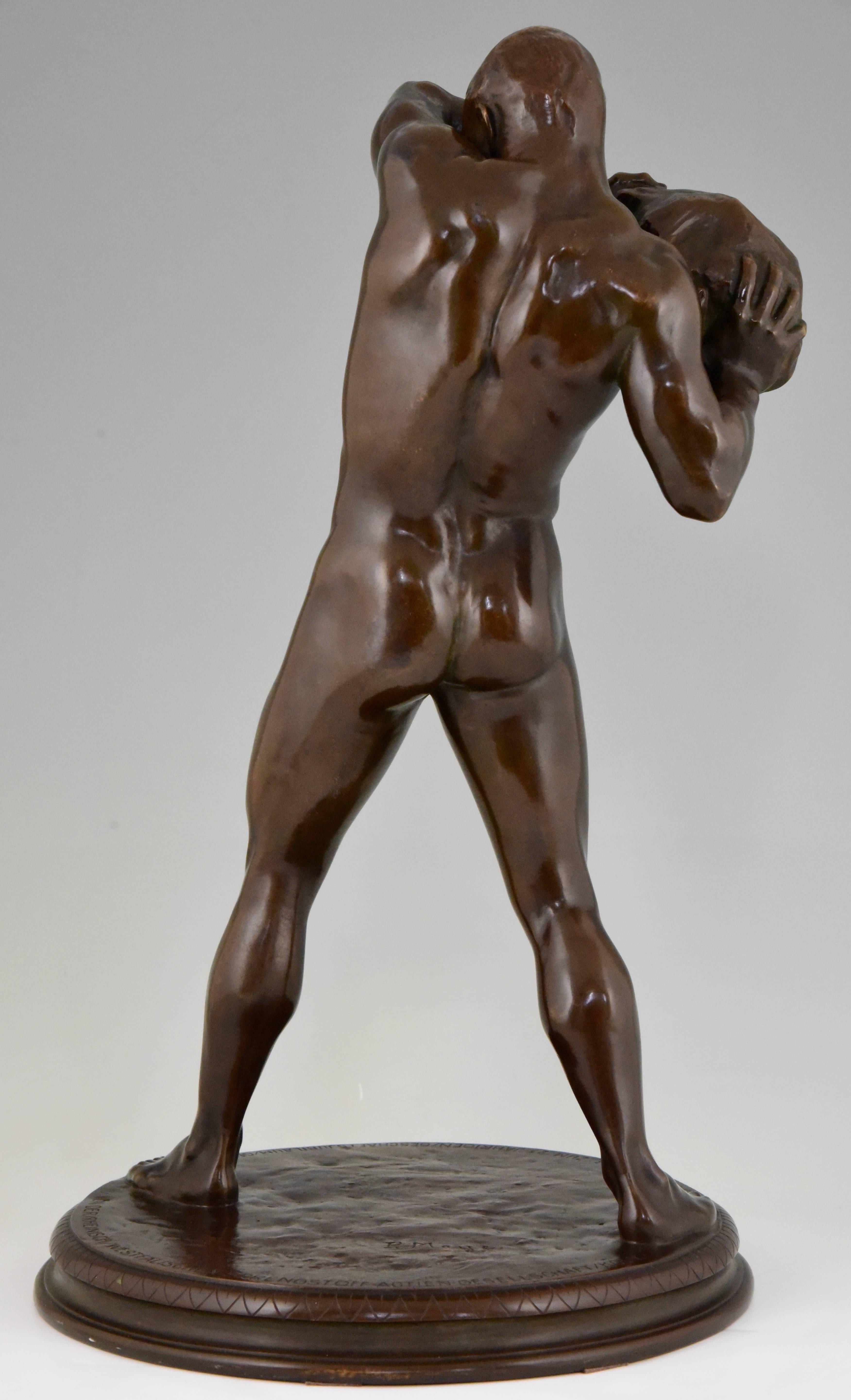 German Antique Bronze Sculpture Male Nude Athlete by Paul Moye, 1923