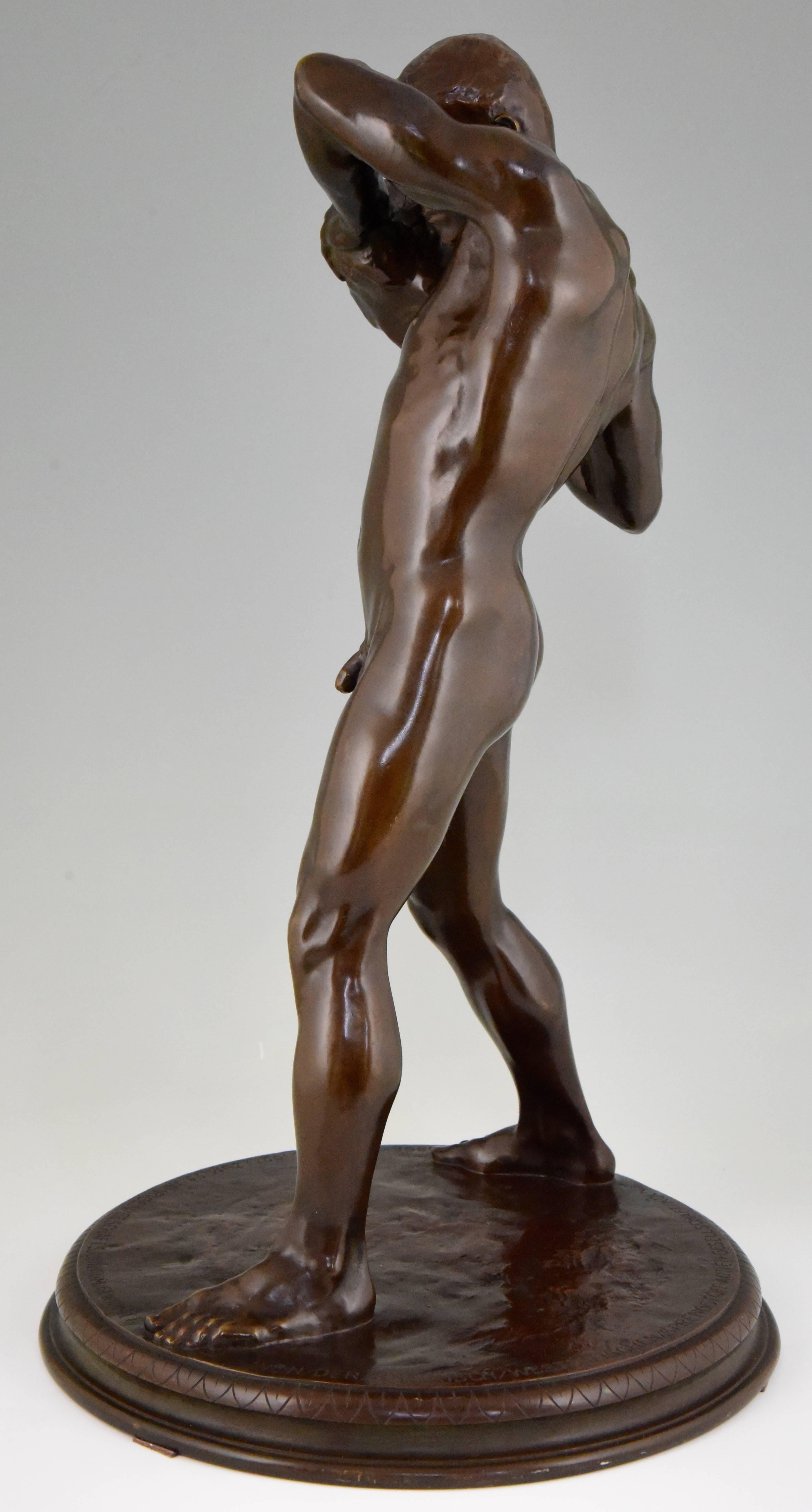 Patinated Antique Bronze Sculpture Male Nude Athlete by Paul Moye, 1923