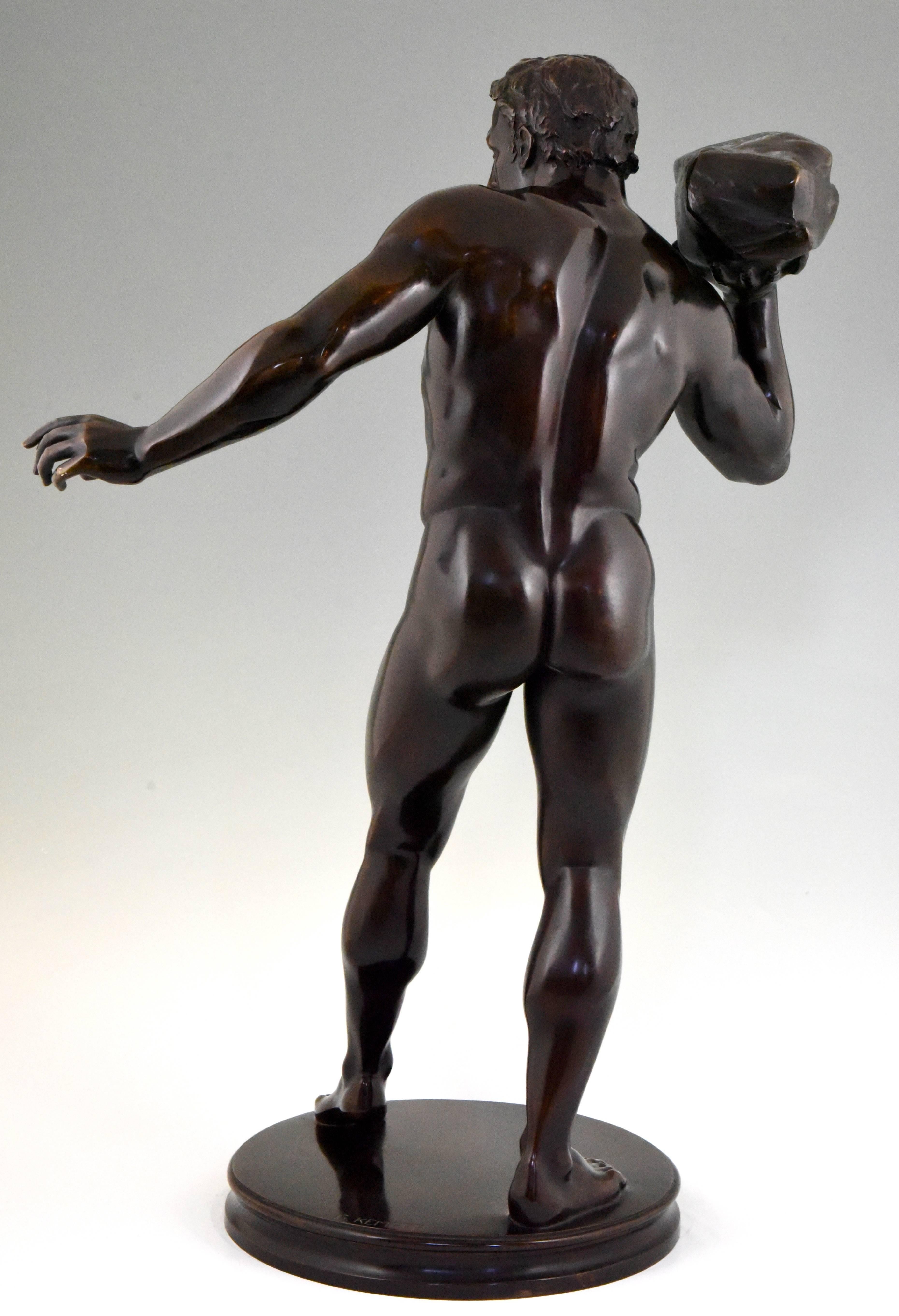 Antique Sculpture of a Male Nude Athlete Georg Kemper H. 34 inch Germany, 1900 In Excellent Condition In Antwerp, BE