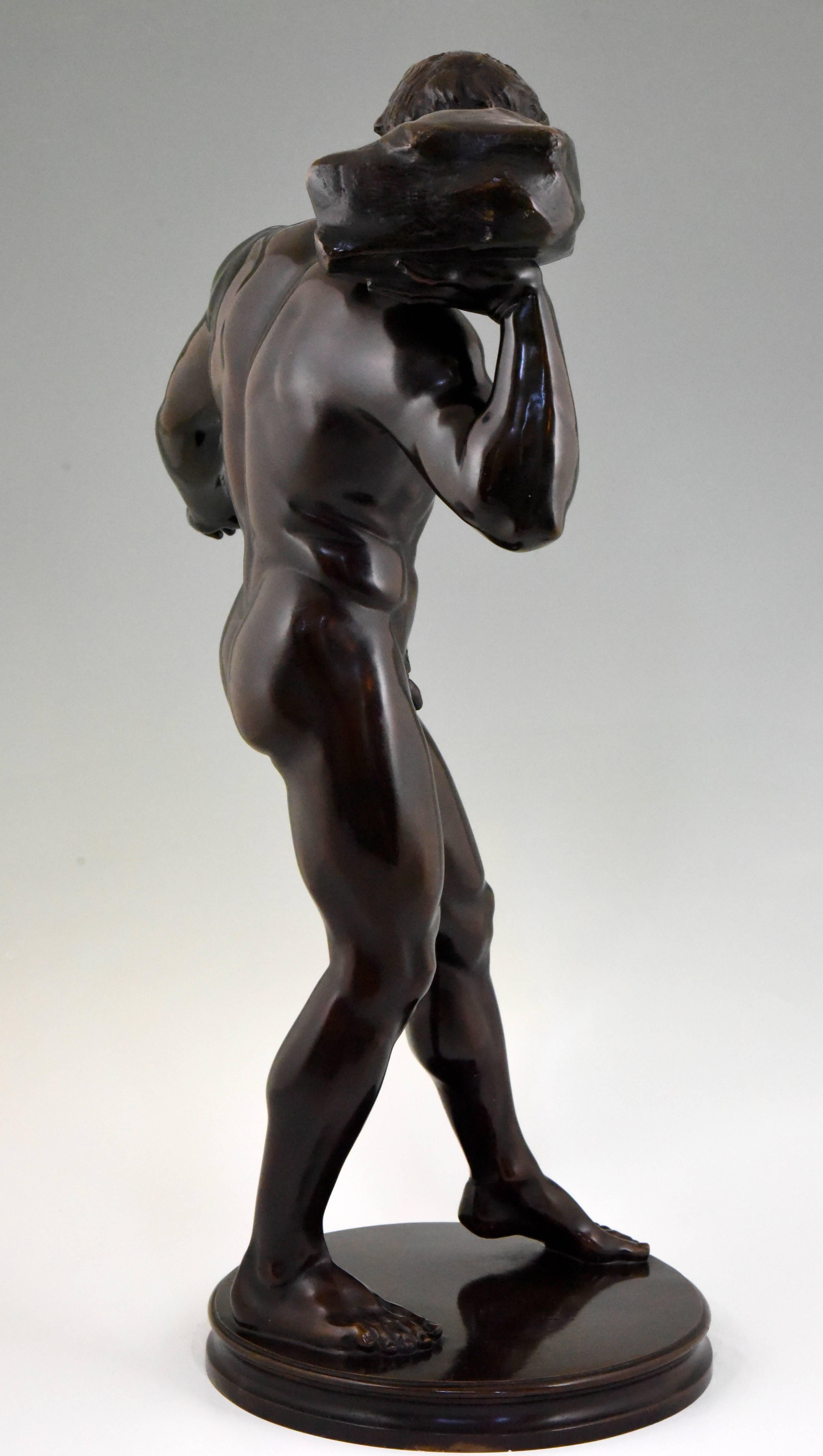 Patinated Antique Sculpture of a Male Nude Athlete Georg Kemper H. 34 inch Germany, 1900