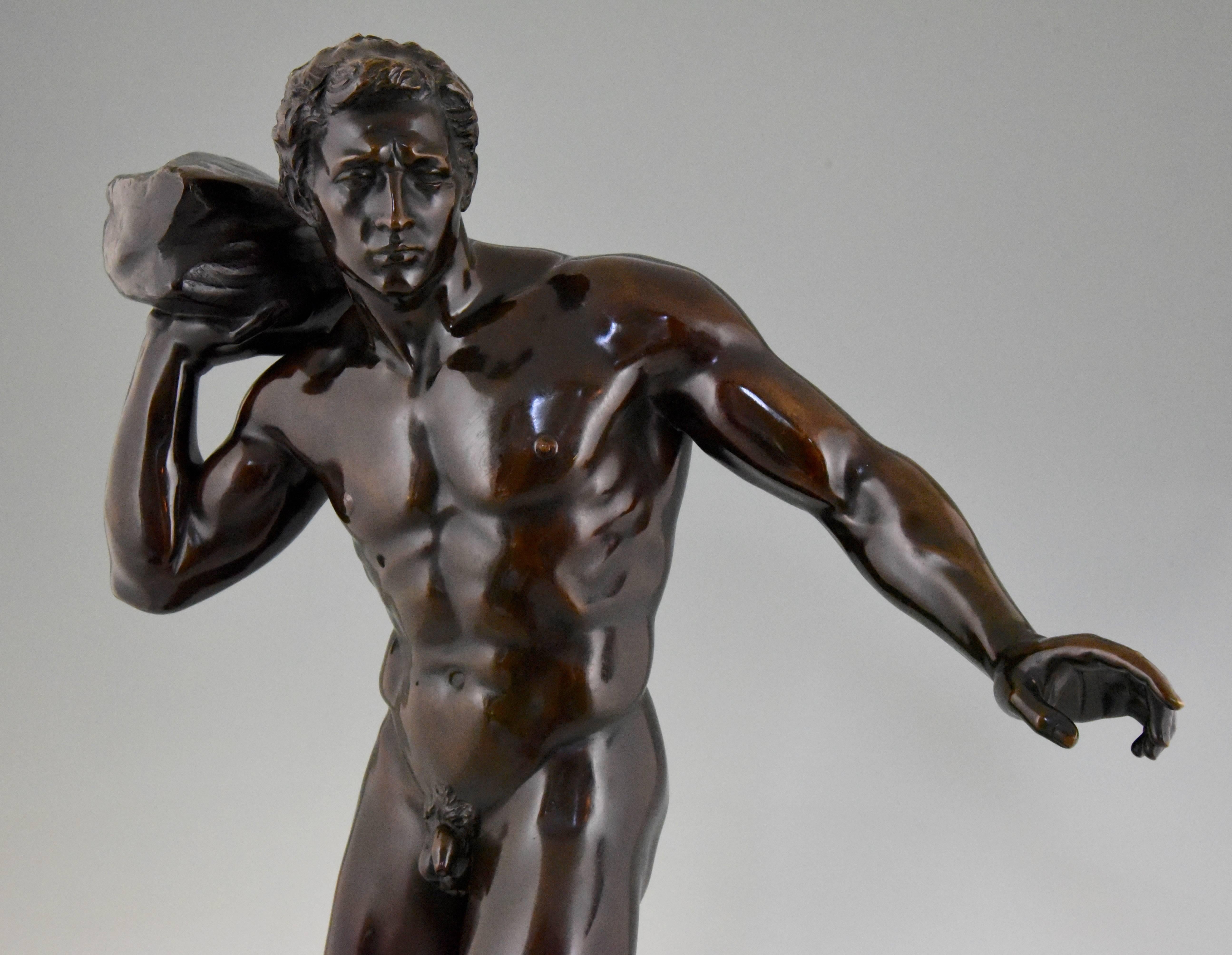 Romantic Antique Sculpture of a Male Nude Athlete Georg Kemper H. 34 inch Germany, 1900