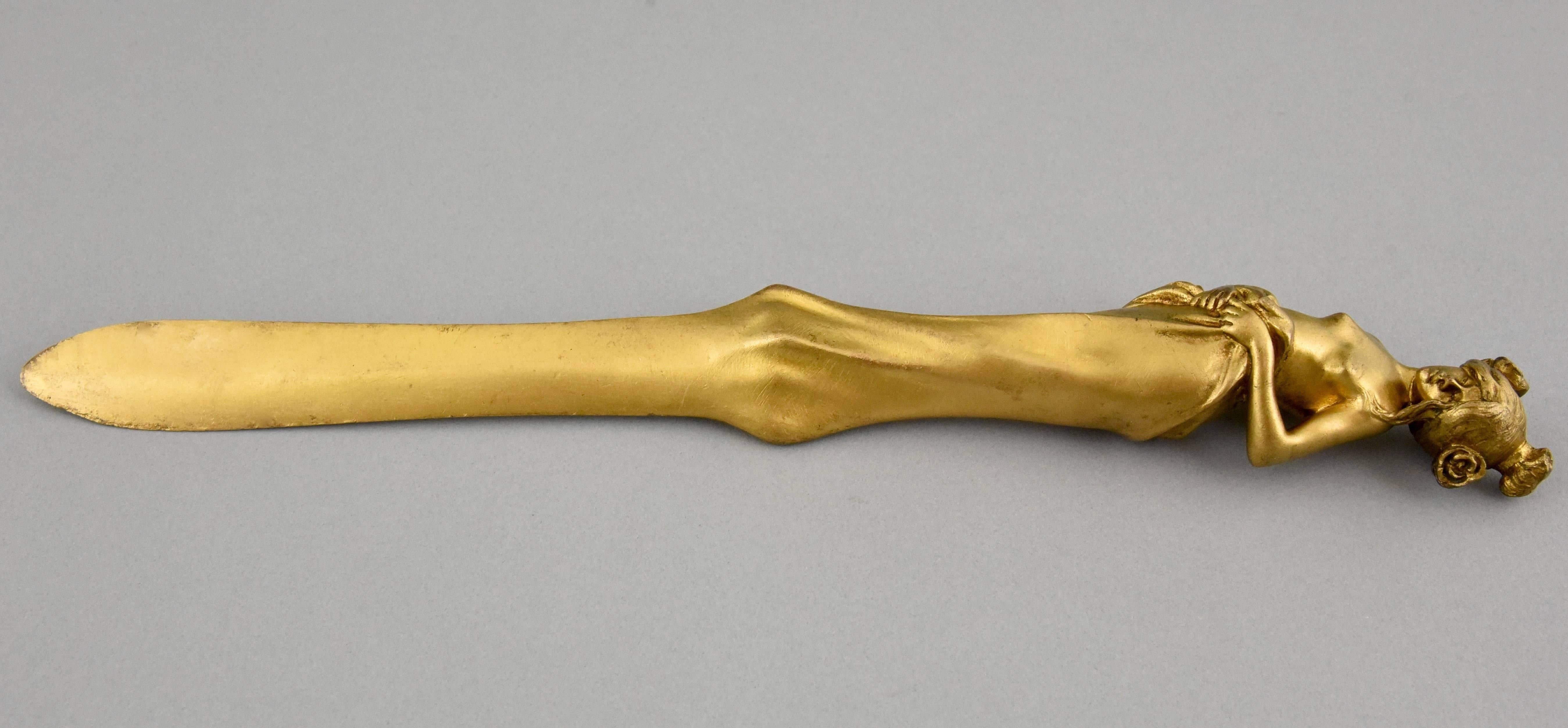 Artist or Maker: Louis & François Moreau
Signature or Marks: L&F Moreau.
Style: Art Nouveau.
Date: circa 1900.
Material: Gilt bronze.
Origin: France.
Size: L 28.5 cm x W 4 cm. x H 3 cm.
L 11.2 inch x W 1.6 inch x H 1.2 inch.
Condition: Very