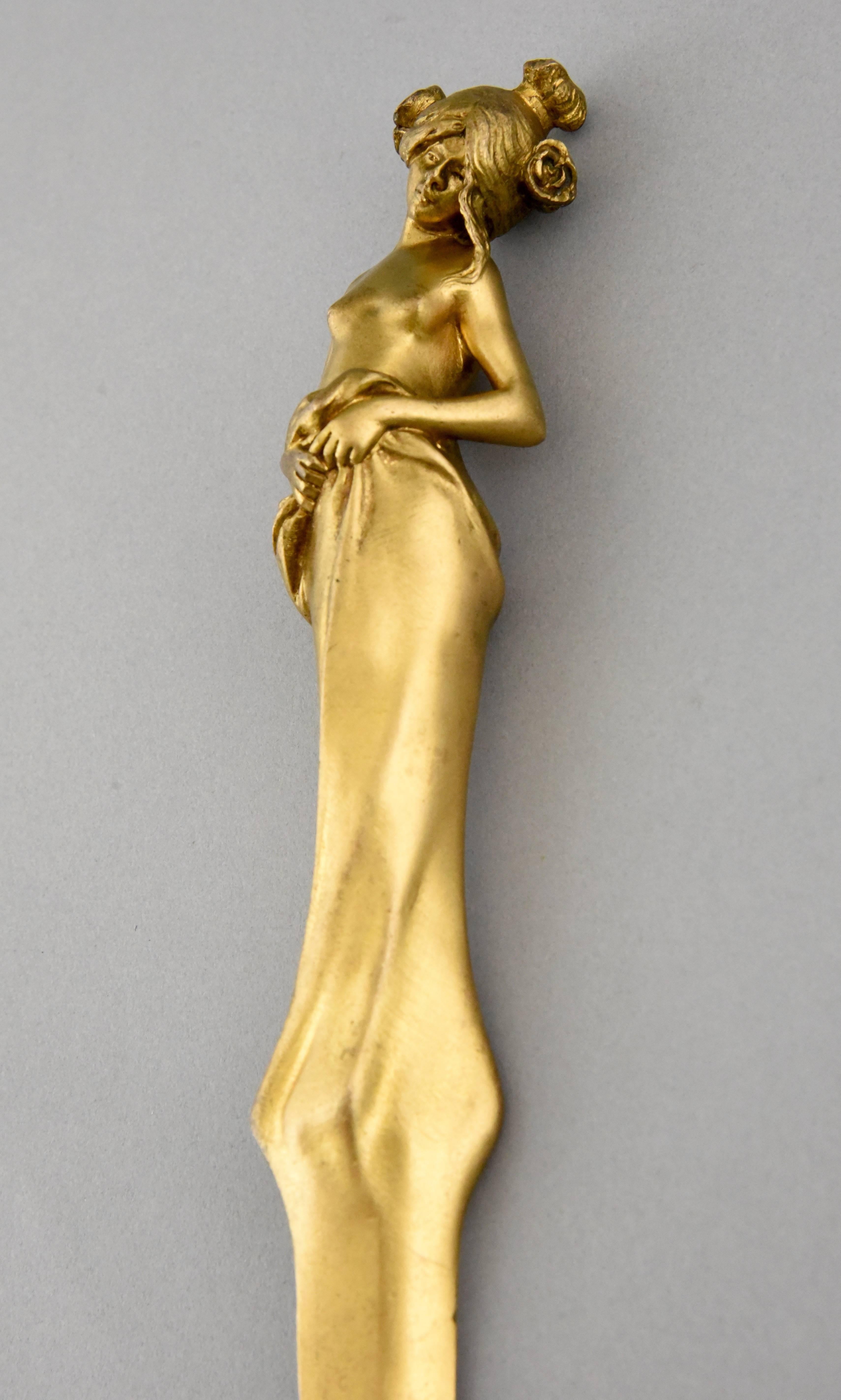 French Gilt Bronze Art Nouveau Letter Opener with Lady Louis & François Moreau In Good Condition In Antwerp, BE