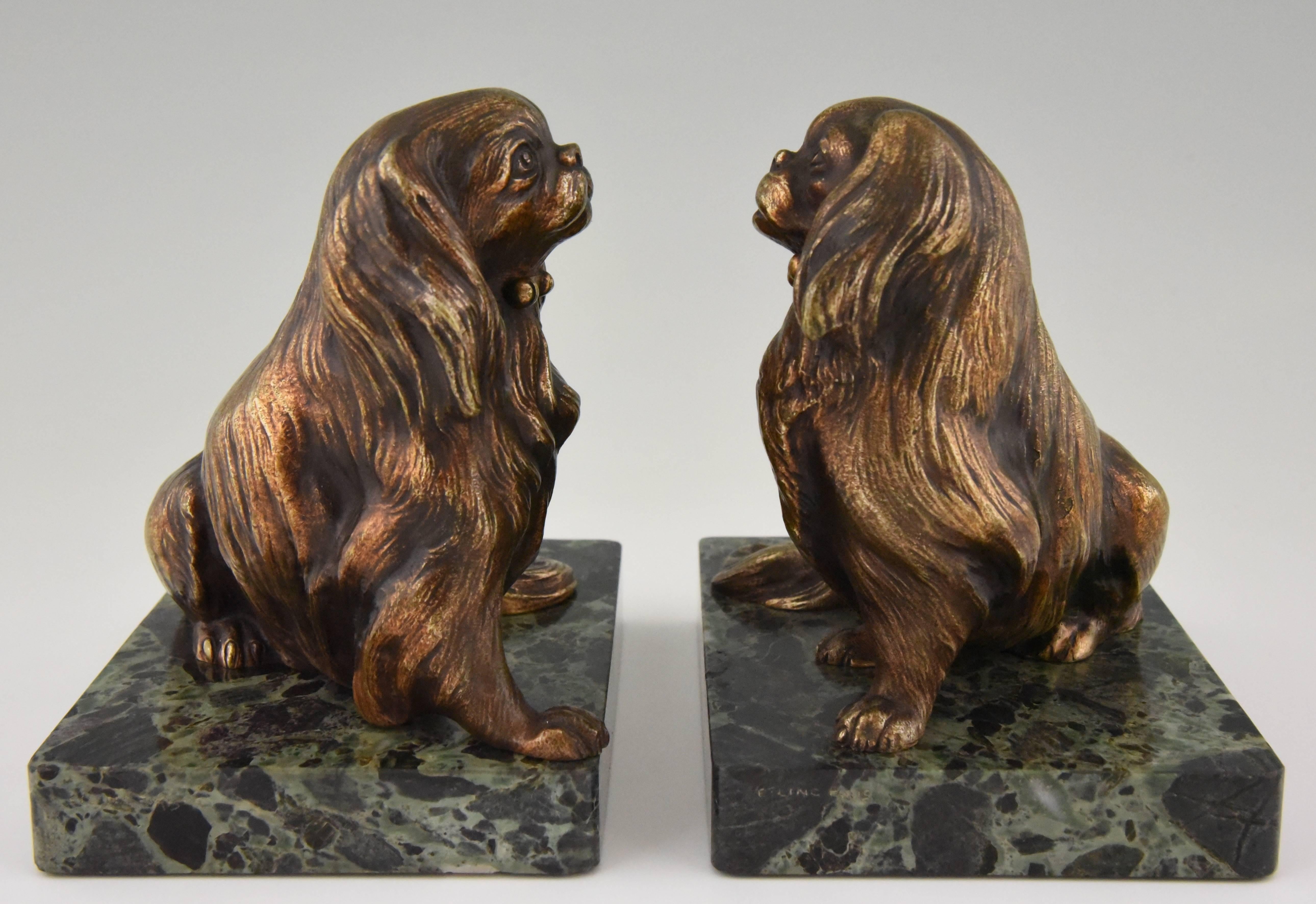 Patinated French Art Deco Bronze King Charles Spaniel Dog Bookends by Louis-Albert Carvin