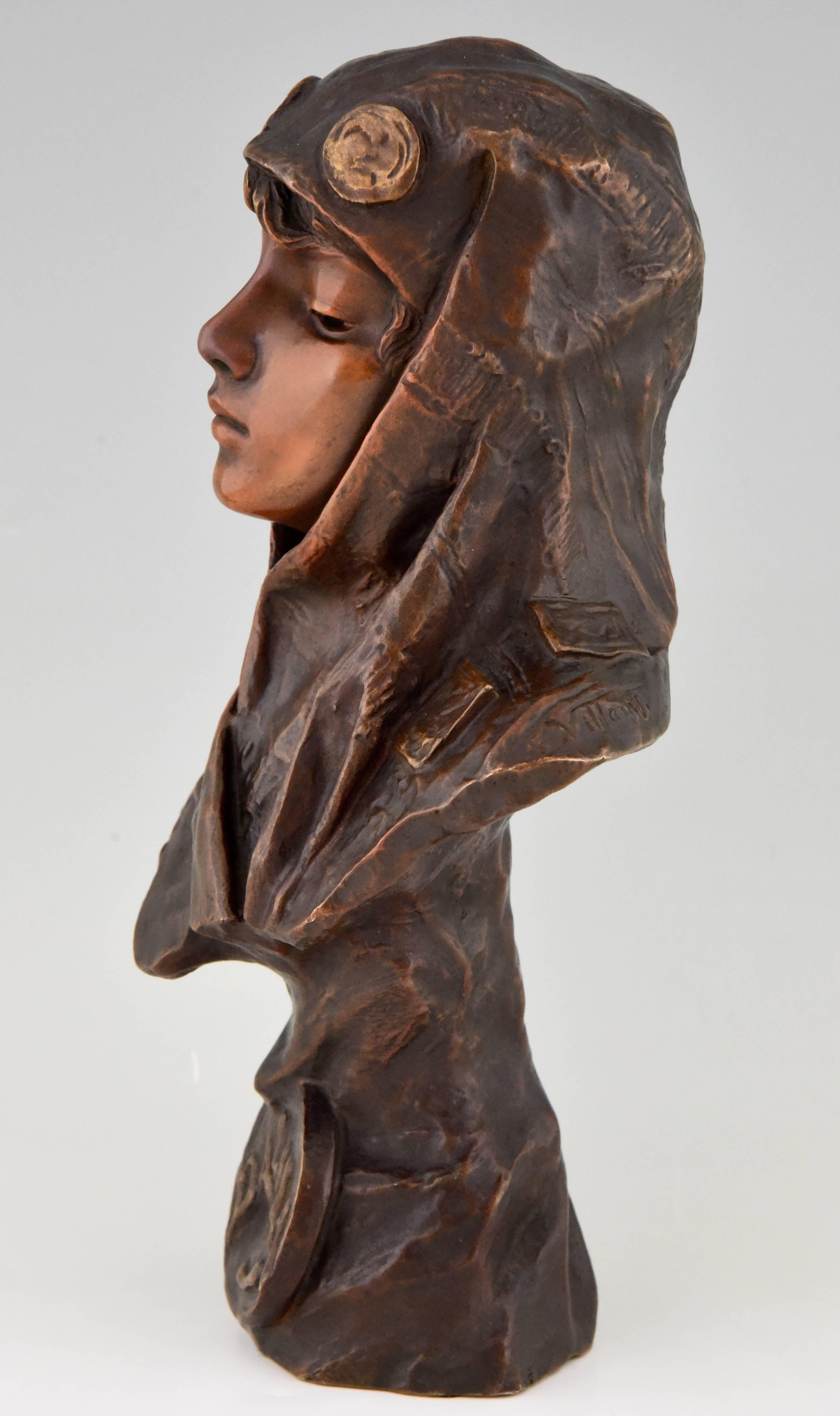 Dalila, French Art Nouveau Bronze Bust of a Girl Emmanuel Villanis, 1890 1