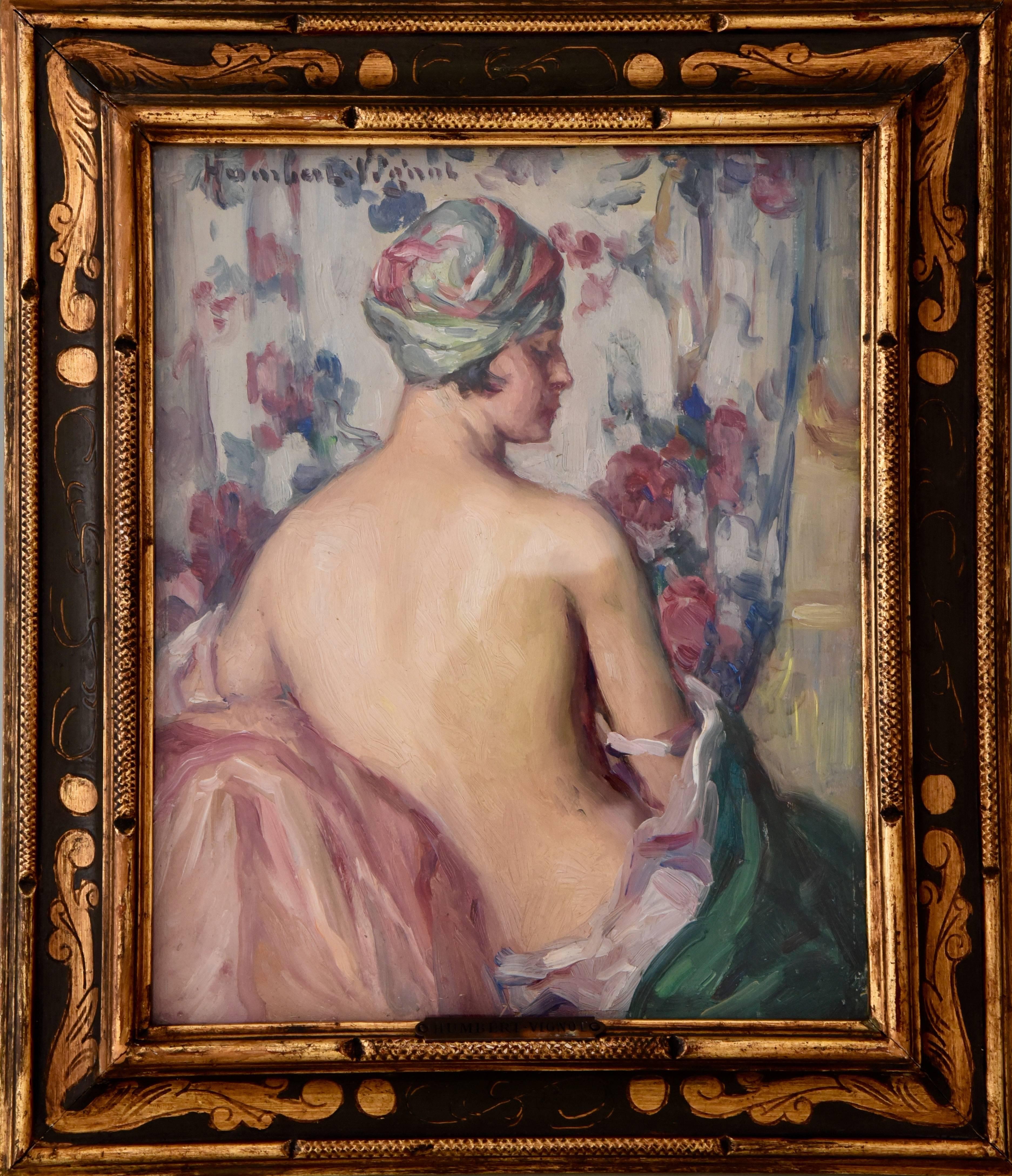 Oil painting of a nude with turban by Léonie Humbert Vignot. (Lyon 1878-1960)She studied at the Ecole de Beaux Arts in Lyon and exhibited her work in Paris at the Salons des Artistes. Works in the Museum of Digne les Bains, France.
The young woman