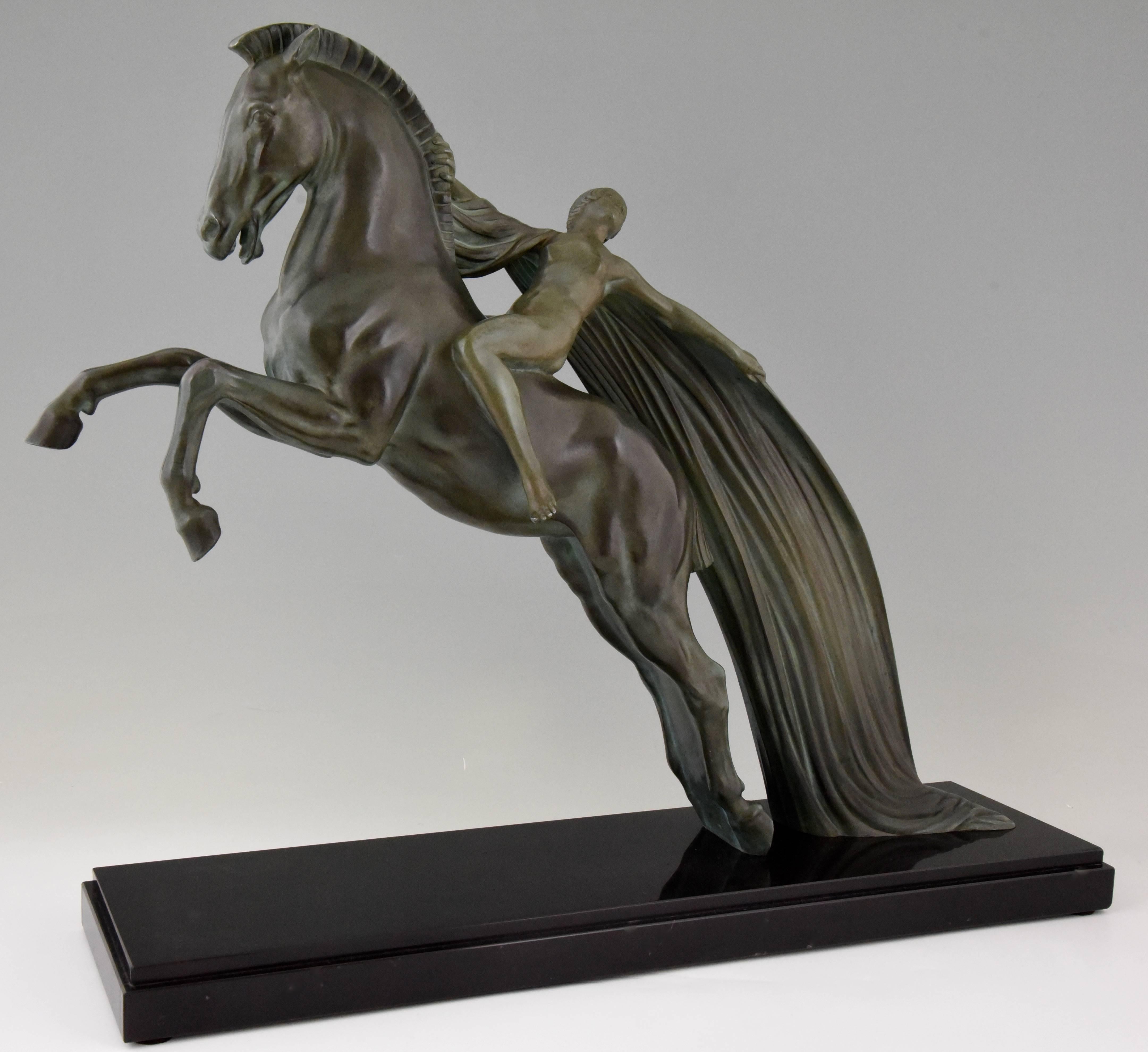 Patinated Art Deco Sculpture Female Nude on a Rearing Horse C. Charles for Max Le Verrier