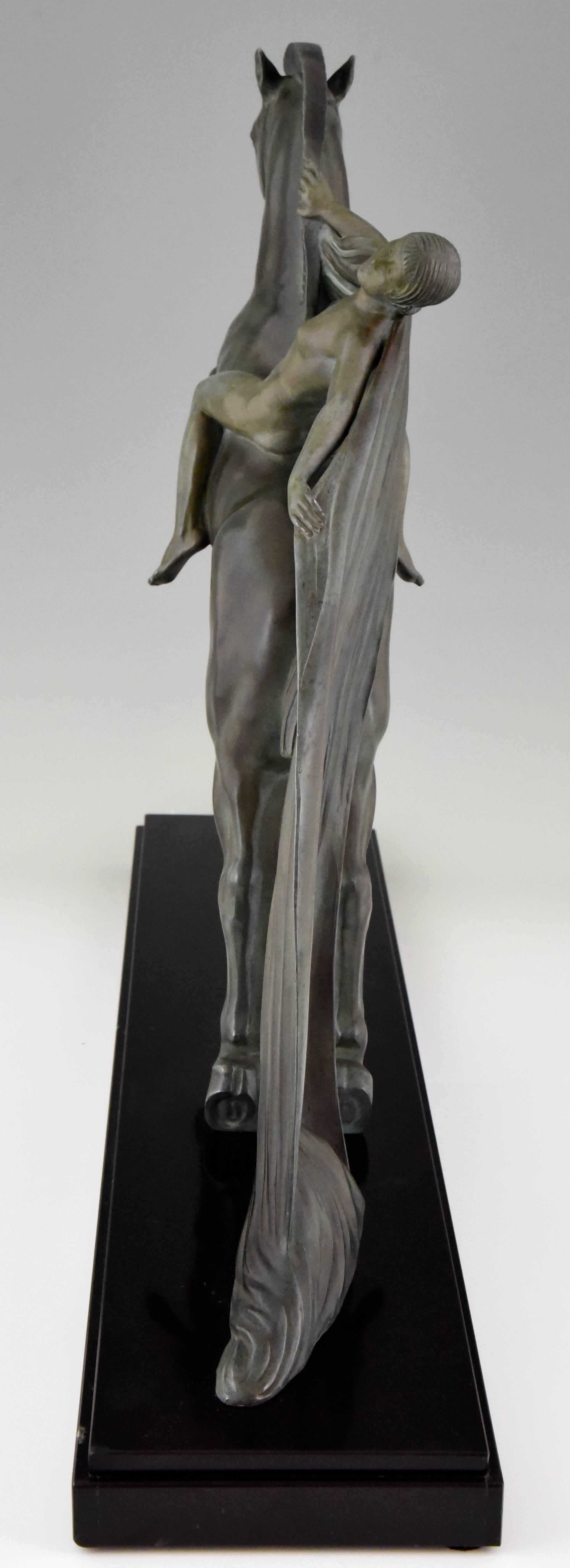 French Art Deco Sculpture Female Nude on a Rearing Horse C. Charles for Max Le Verrier