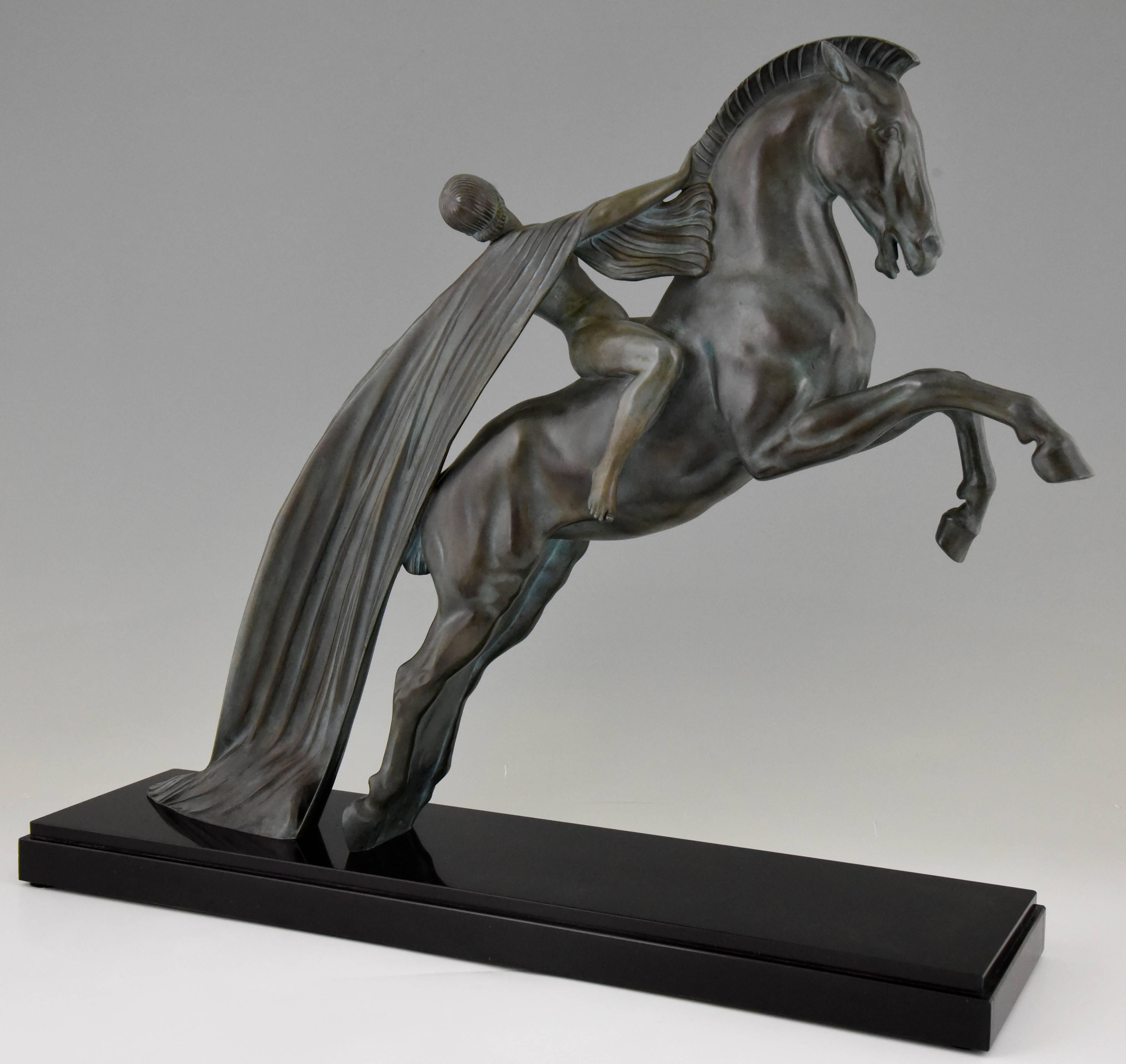 Metal Art Deco Sculpture Female Nude on a Rearing Horse C. Charles for Max Le Verrier