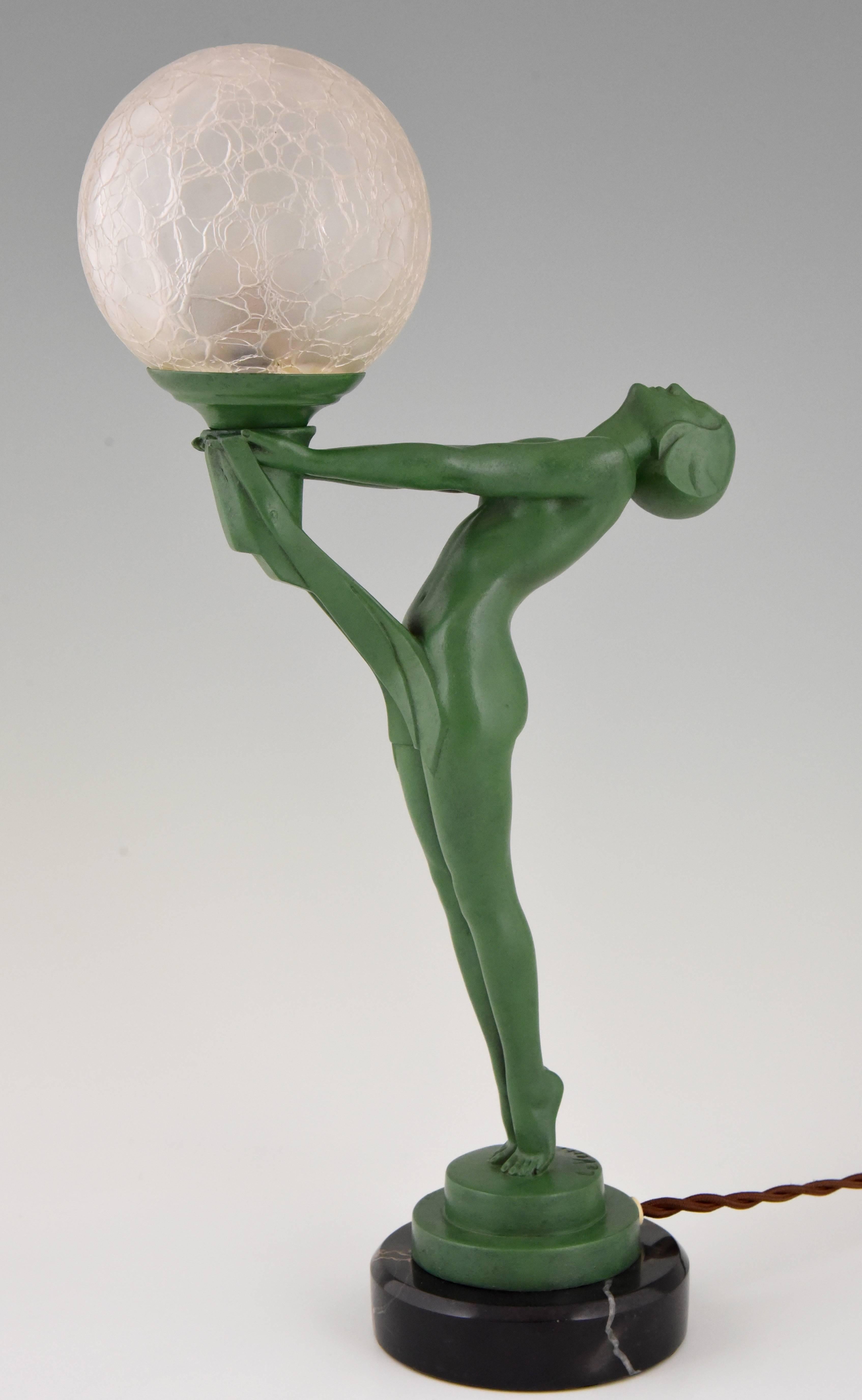 Patinated French Art Deco Figural Table Lamp with Standing Nude by Max Le Verrier, 1930