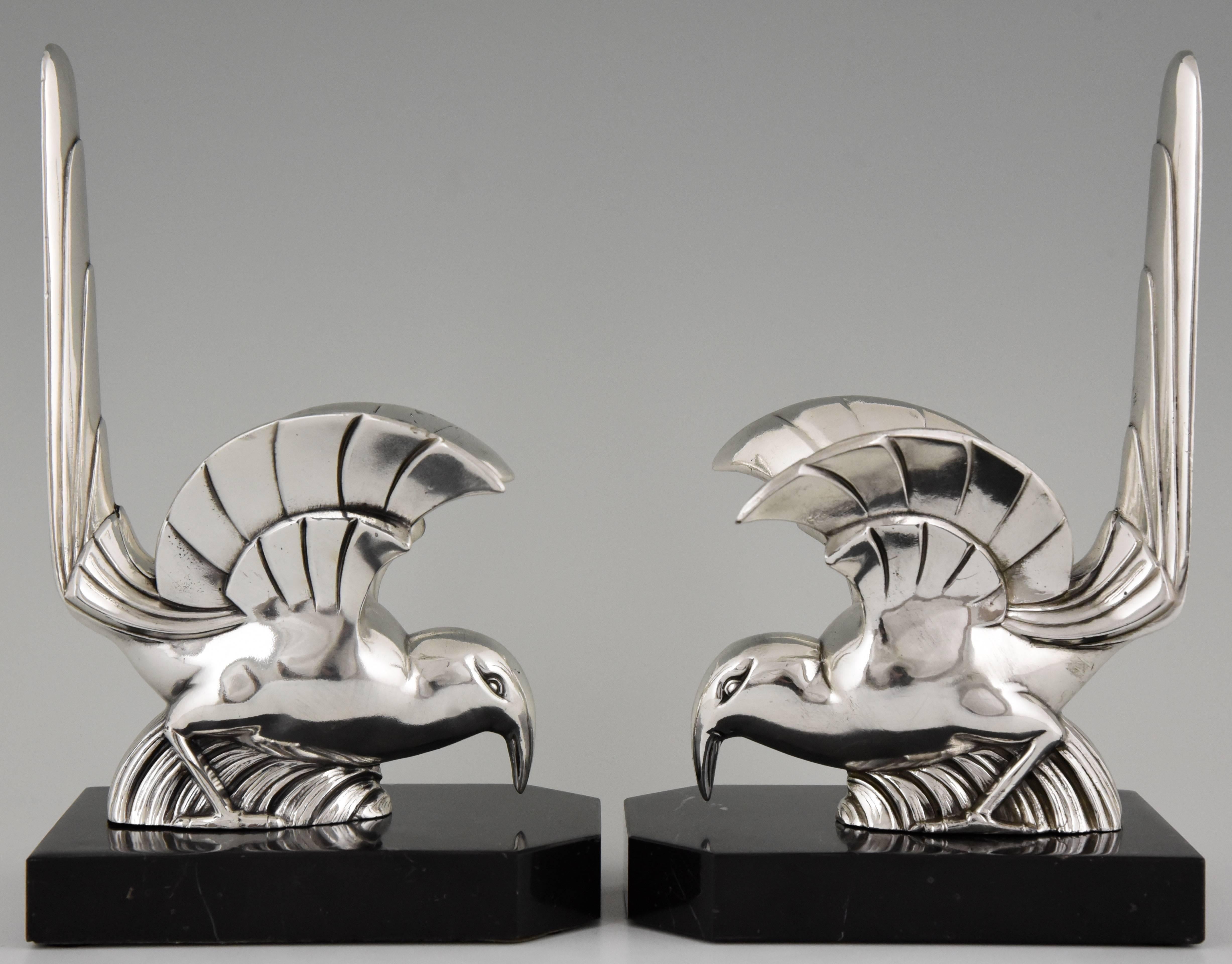 French Art Deco Silvered Bird Bookends by F.H. Danvin, 1930 In Excellent Condition In Antwerp, BE