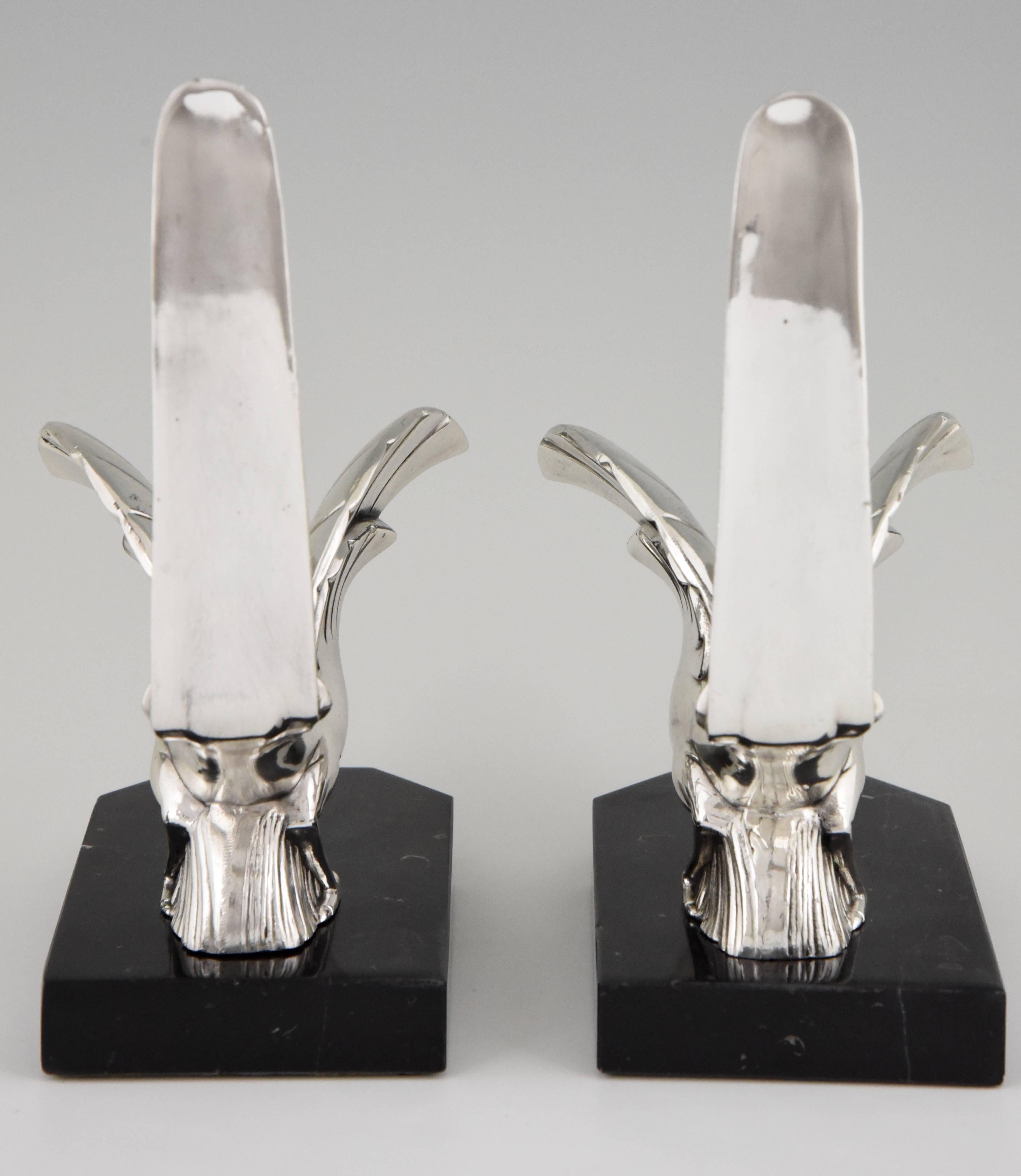 Metal French Art Deco Silvered Bird Bookends by F.H. Danvin, 1930