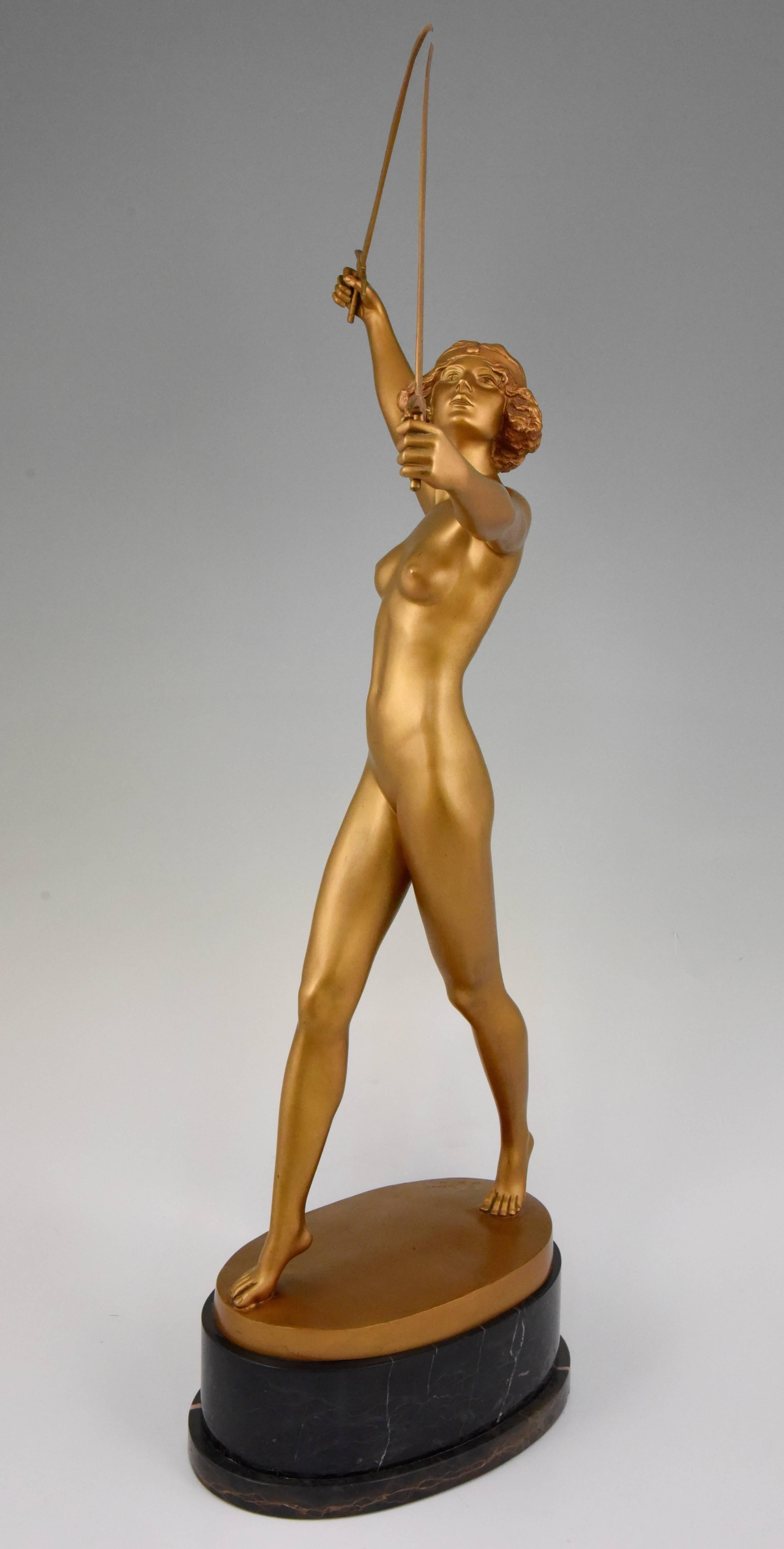 German Art Deco Gilt Bronze Sculpture of a Nude with Two Swords by Gotthilf Jaeger
