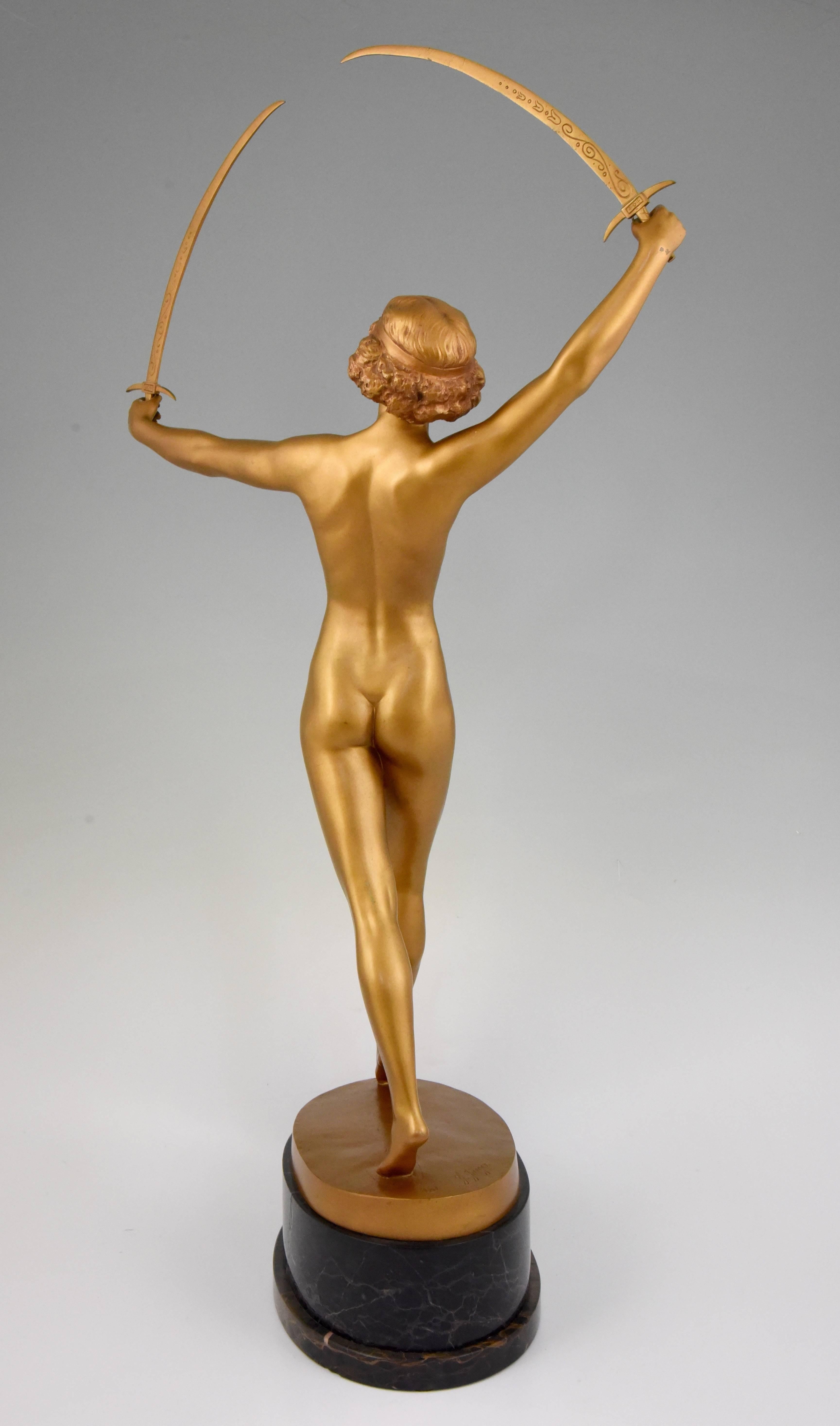 20th Century Art Deco Gilt Bronze Sculpture of a Nude with Two Swords by Gotthilf Jaeger
