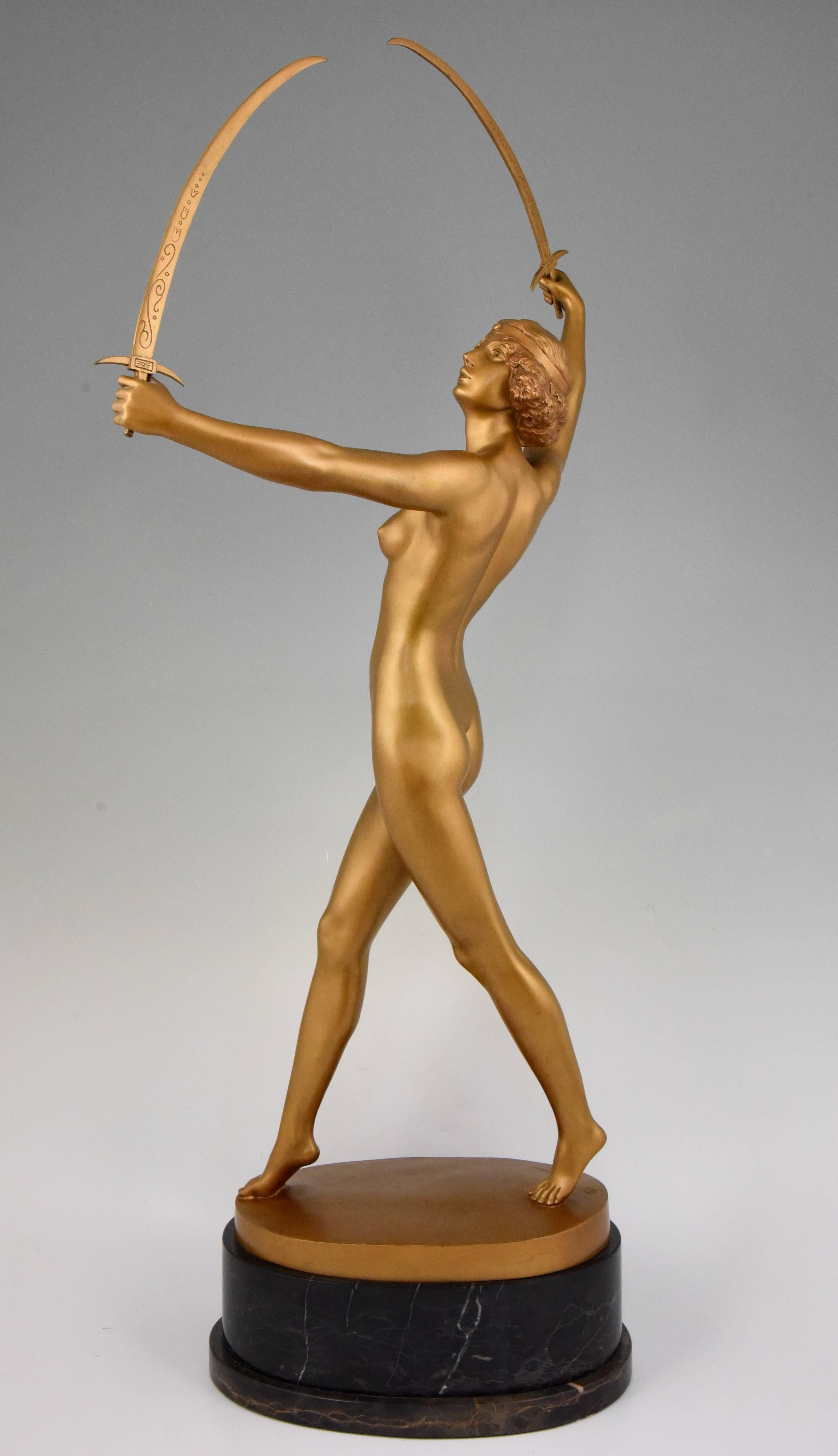 Art Deco Gilt Bronze Sculpture of a Nude with Two Swords by Gotthilf Jaeger 1