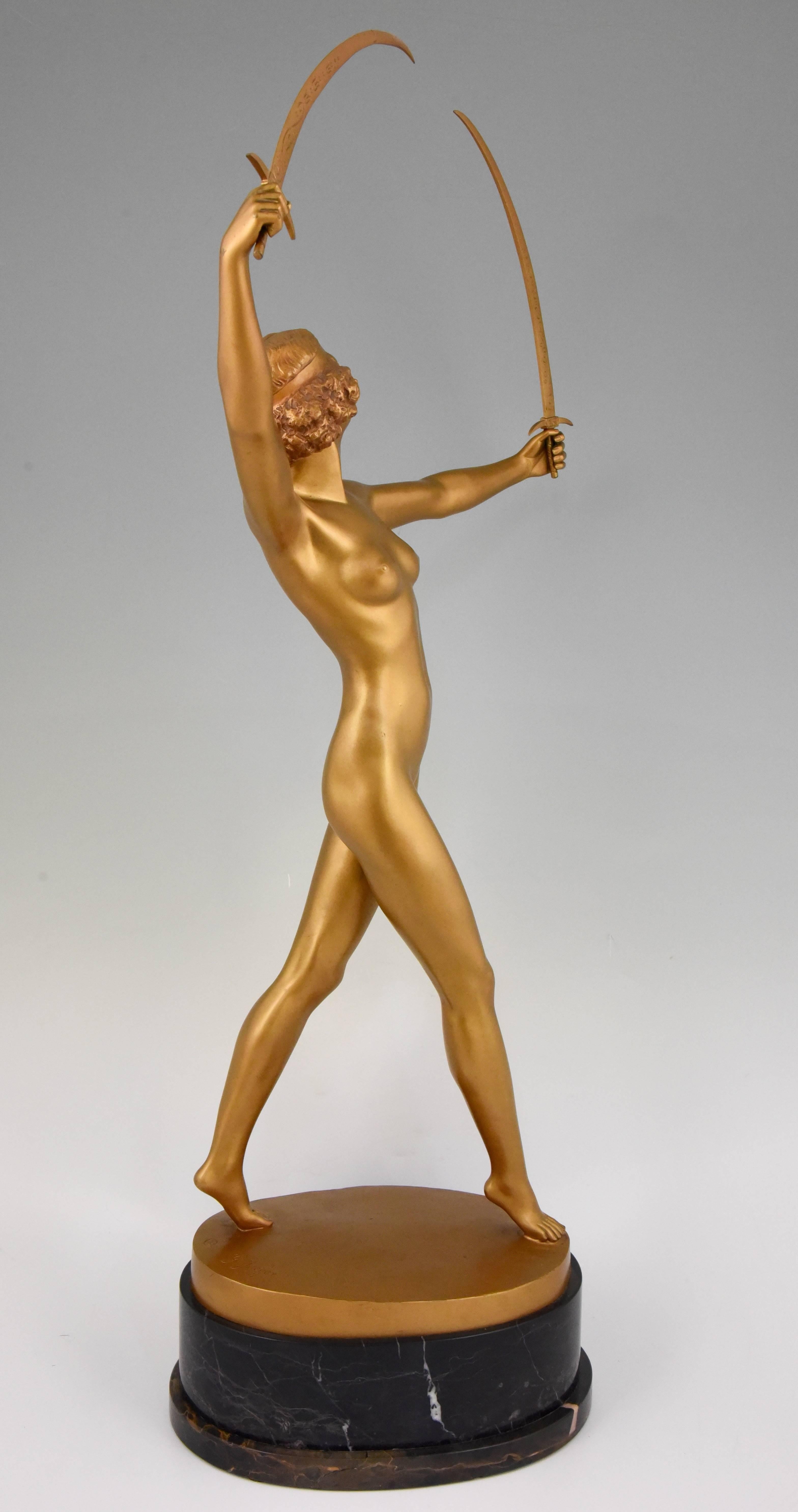 Art Deco Gilt Bronze Sculpture of a Nude with Two Swords by Gotthilf Jaeger 2