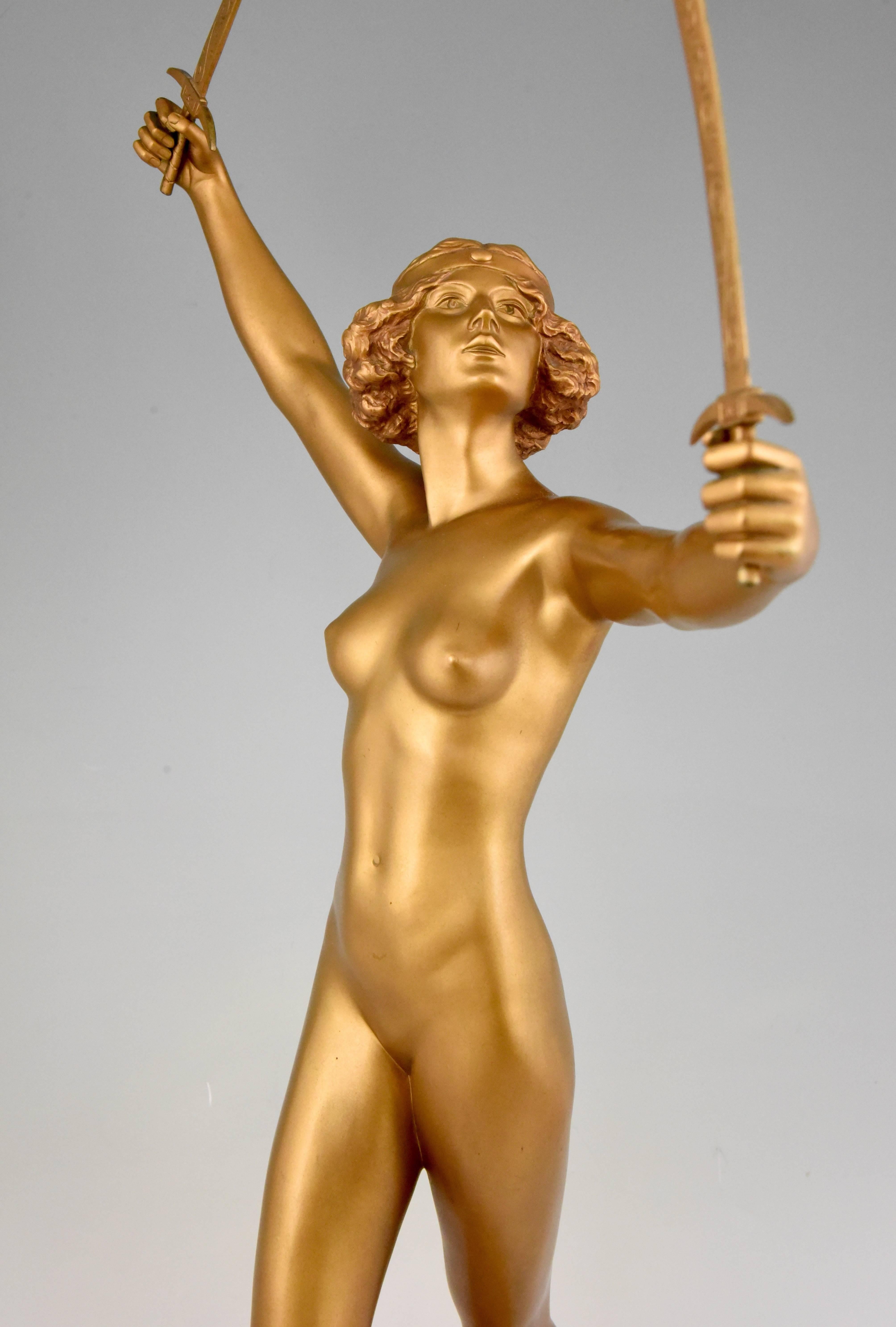 Art Deco Gilt Bronze Sculpture of a Nude with Two Swords by Gotthilf Jaeger 3