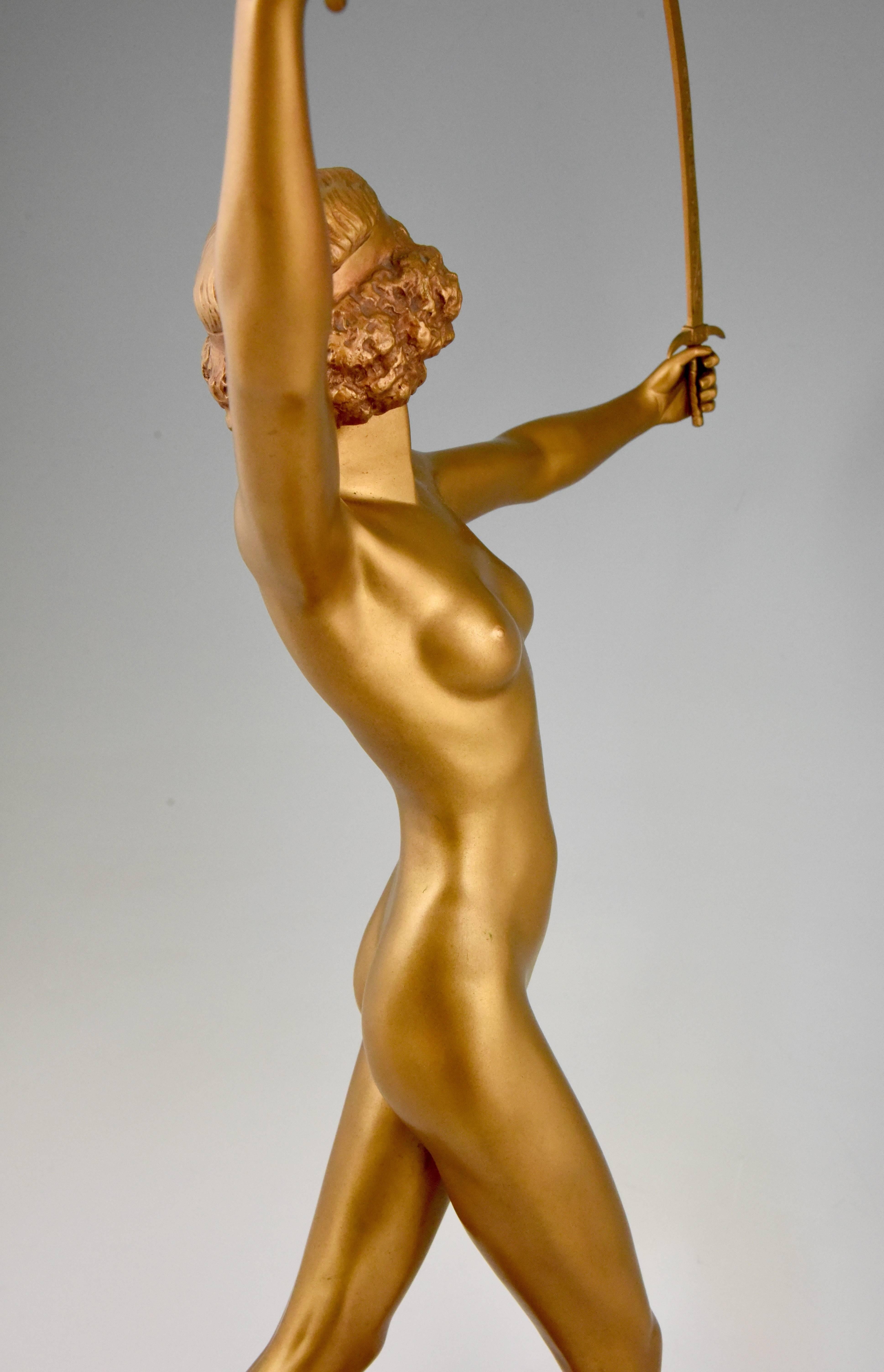 Art Deco Gilt Bronze Sculpture of a Nude with Two Swords by Gotthilf Jaeger 4
