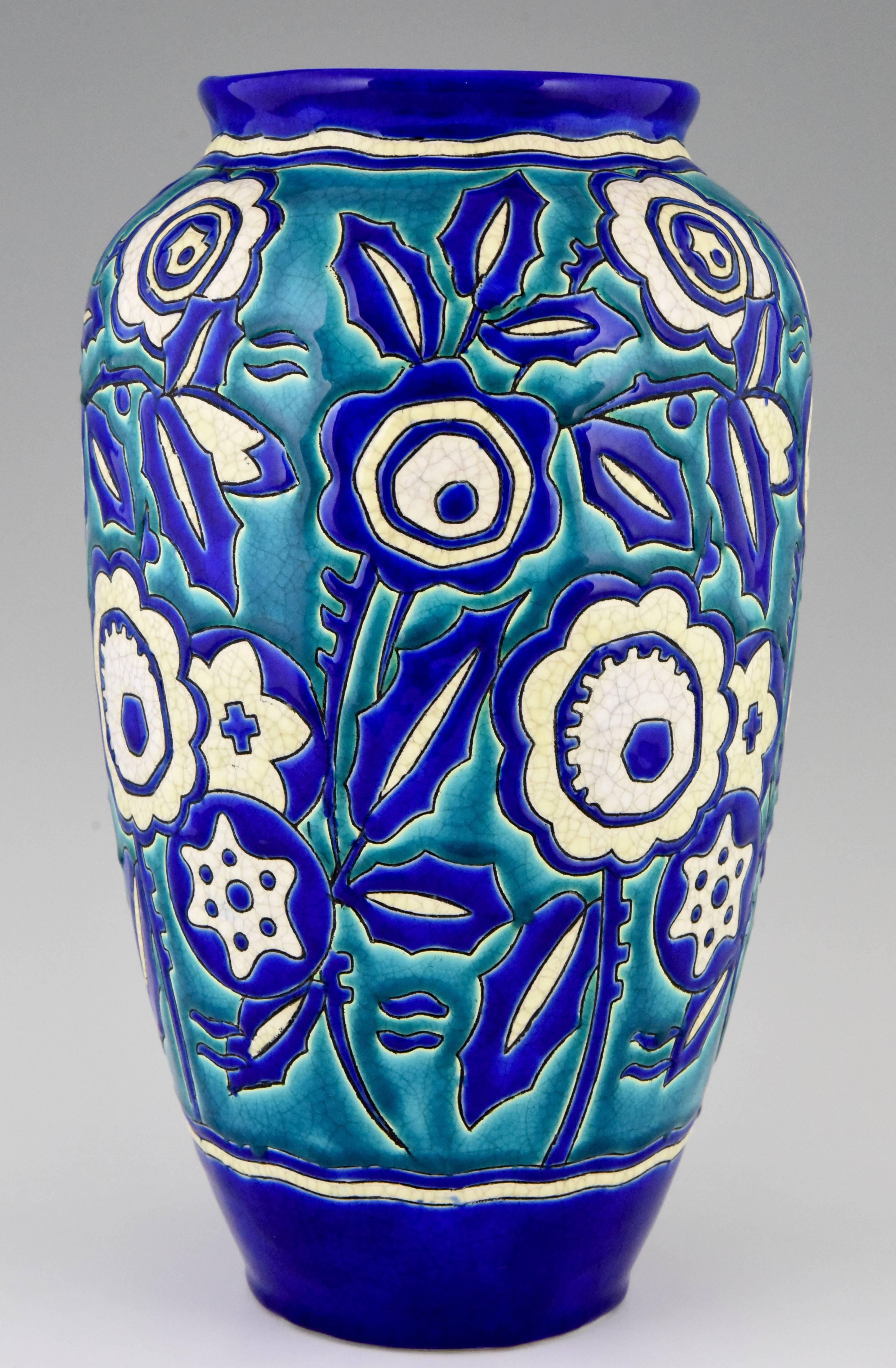 Belgian Art Deco Ceramic Vase with Flowers by Keramis, Belgium, 1929