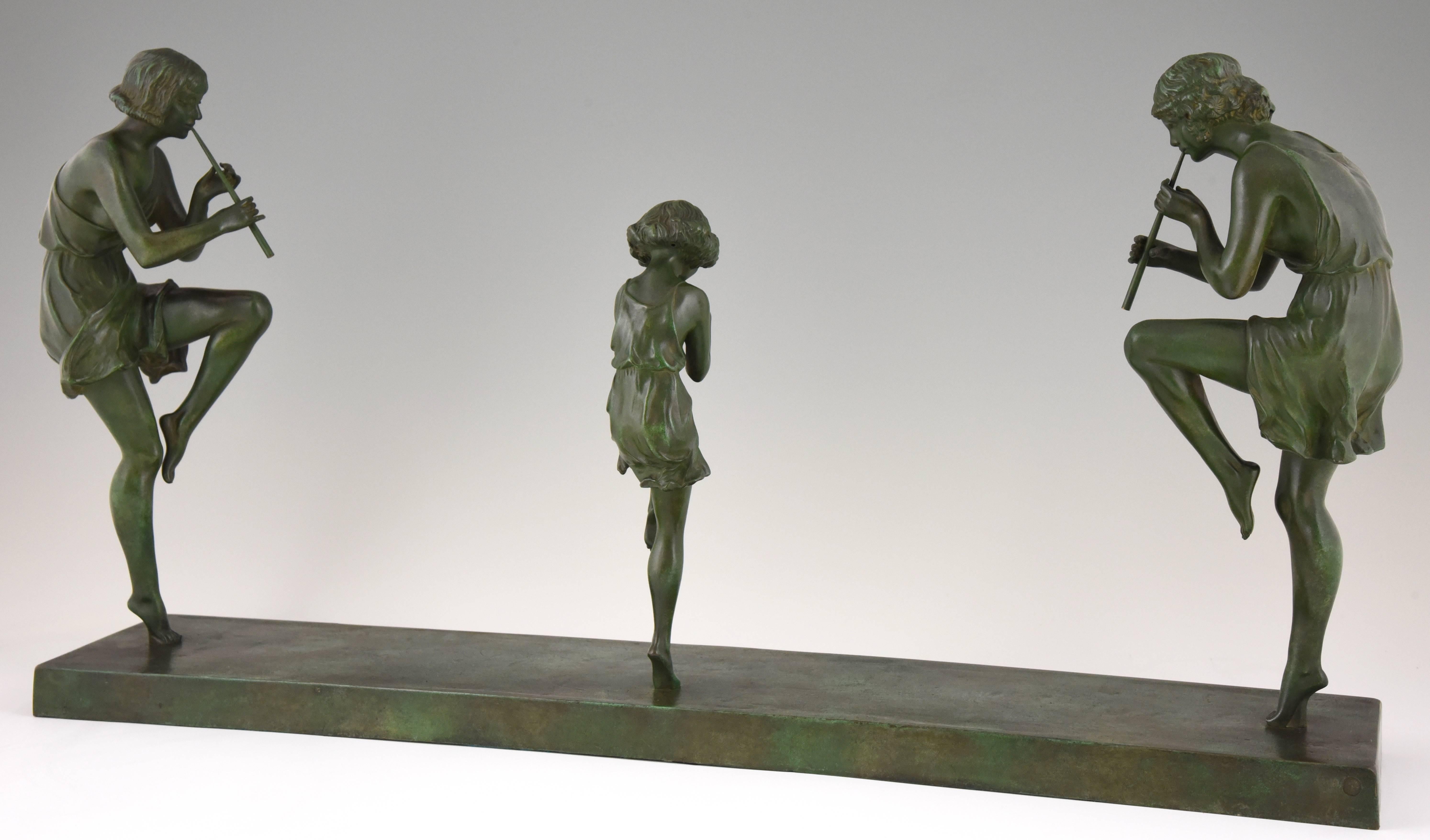 French Art Deco Bronze Sculpture of 3 Female Flute Players by Marcel Bouraine France