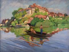 Oil Painting Village Landscape with Fishermen in Boat by Fernand Hertenberger