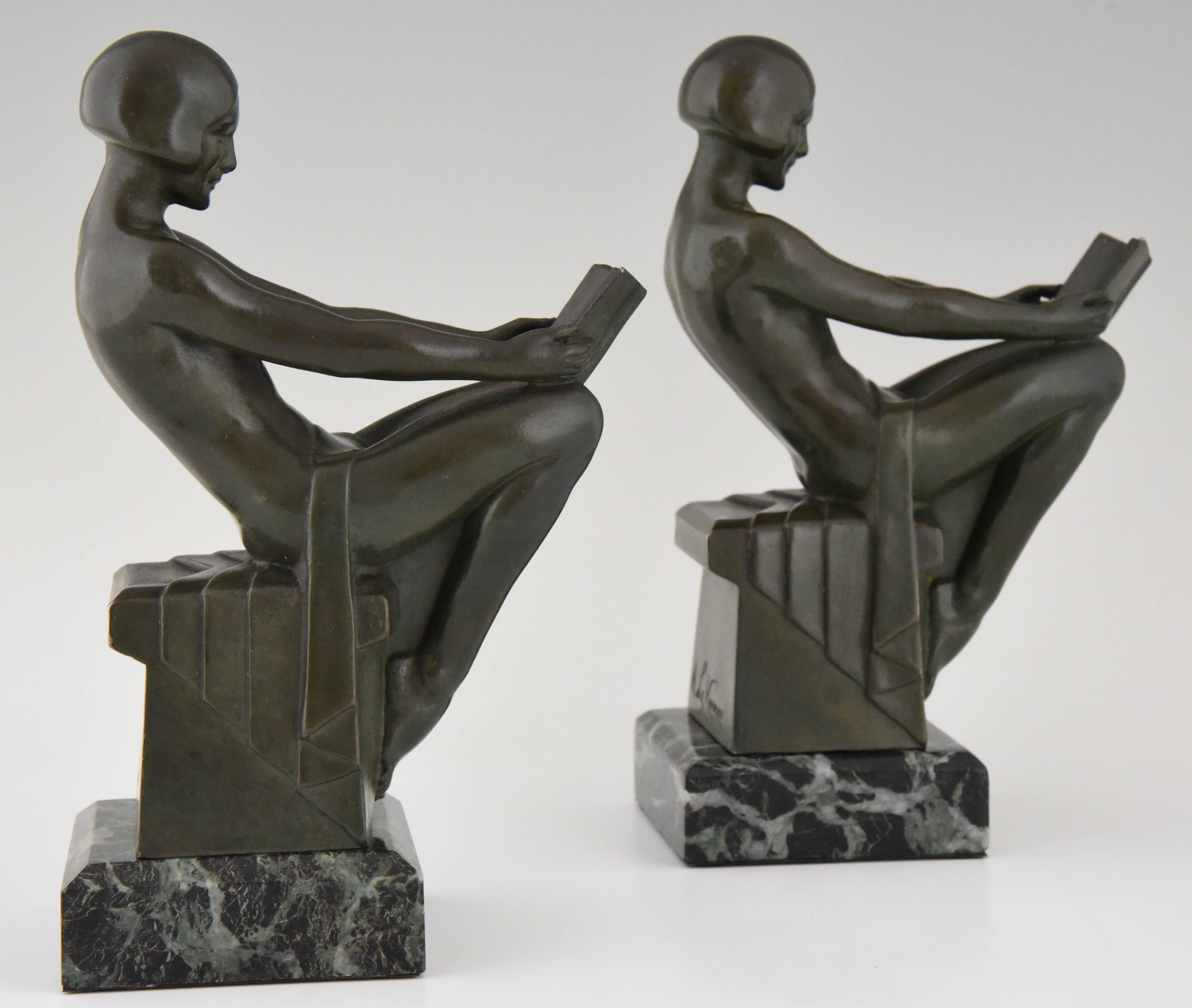 French Art Deco Bookends with Reading Nudes by Max Le Verrier, 1930 France