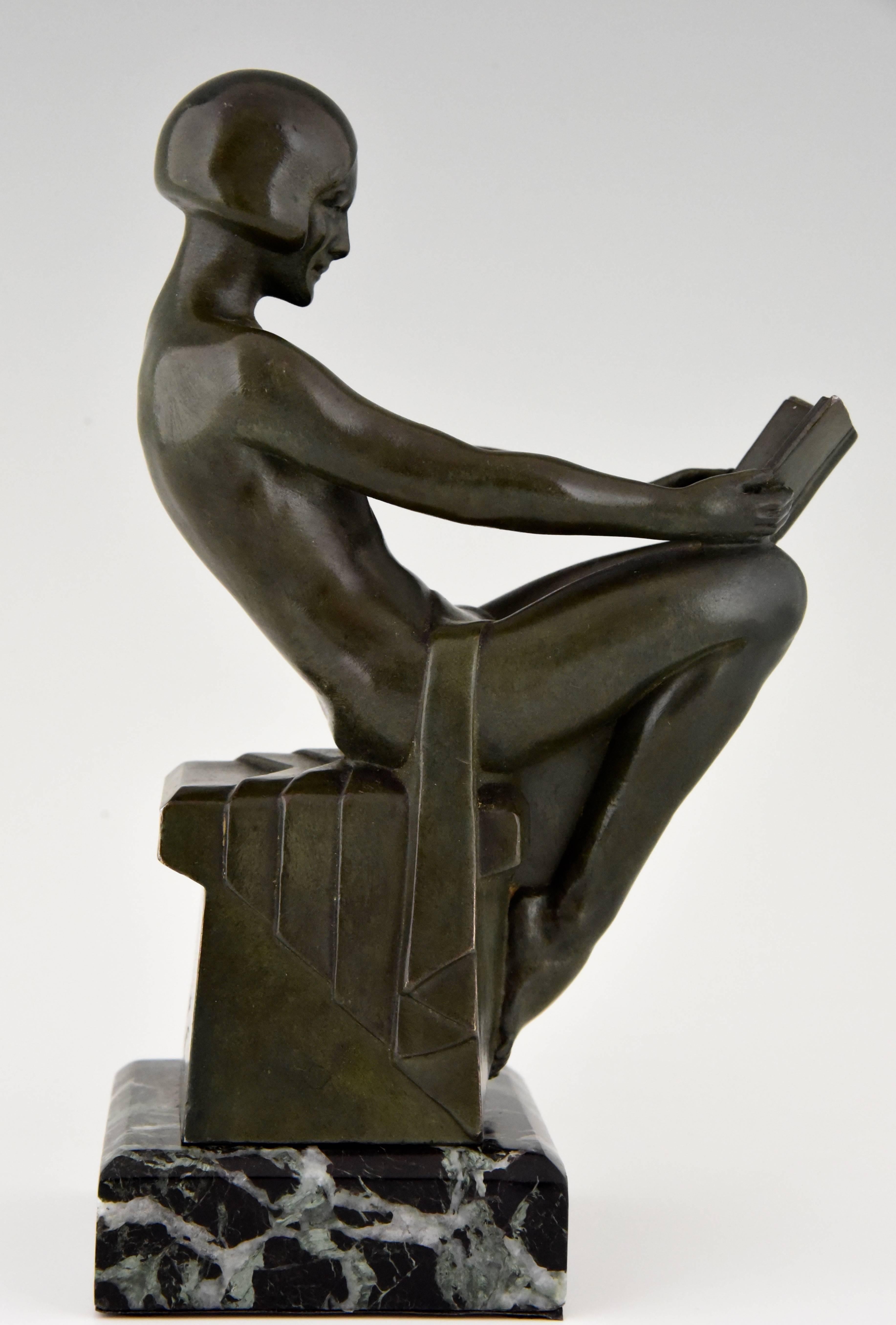 Patinated Art Deco Bookends with Reading Nudes by Max Le Verrier, 1930 France