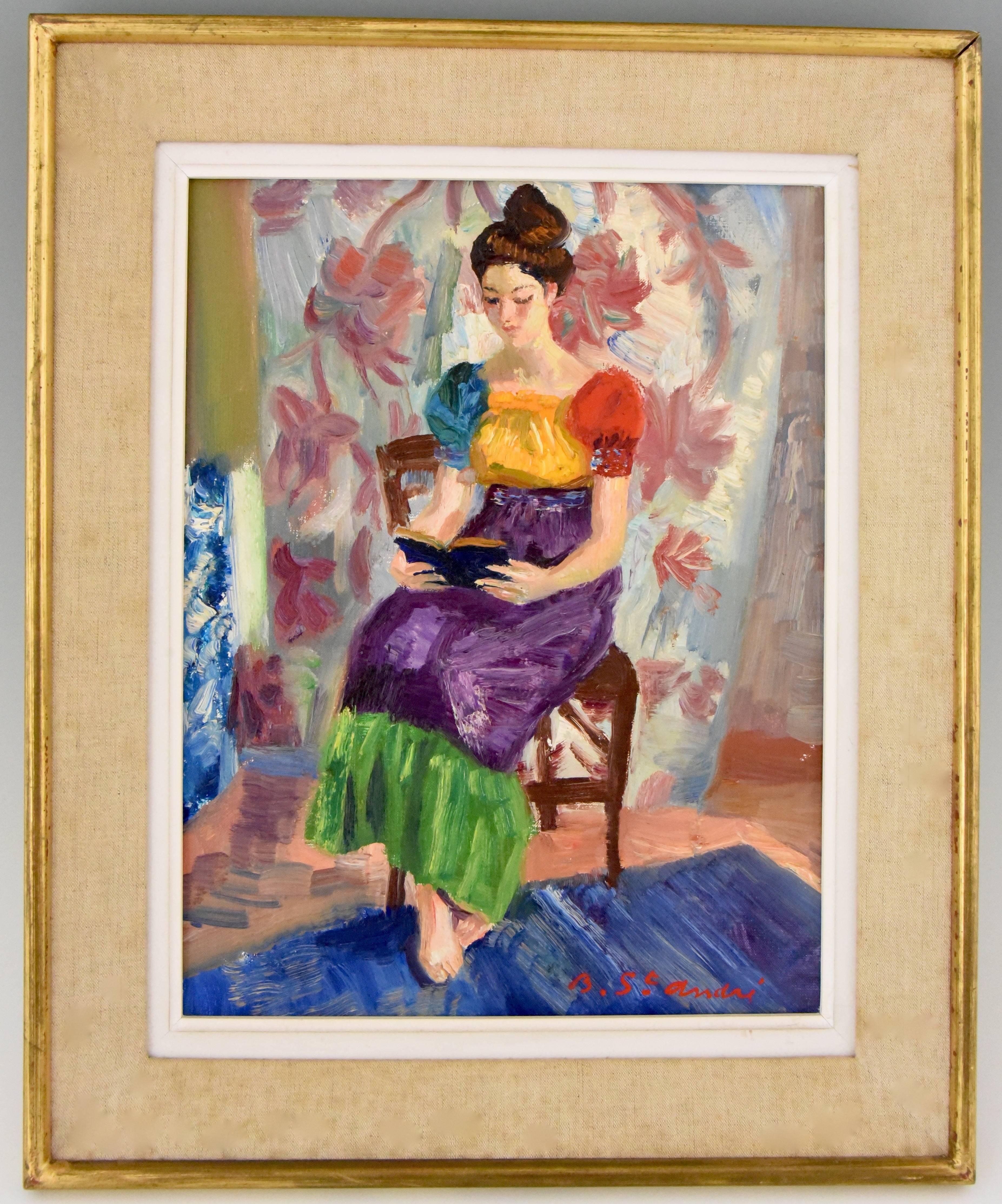 “Claudia à l’etang”
Painting of a reading woman on a chair.
The young wears a colorful dress and is sitting in front of a curtain with flowers, her feet resting on a a blue carpet

Artist or maker: Louis André Berthommé Saint André
Signature/