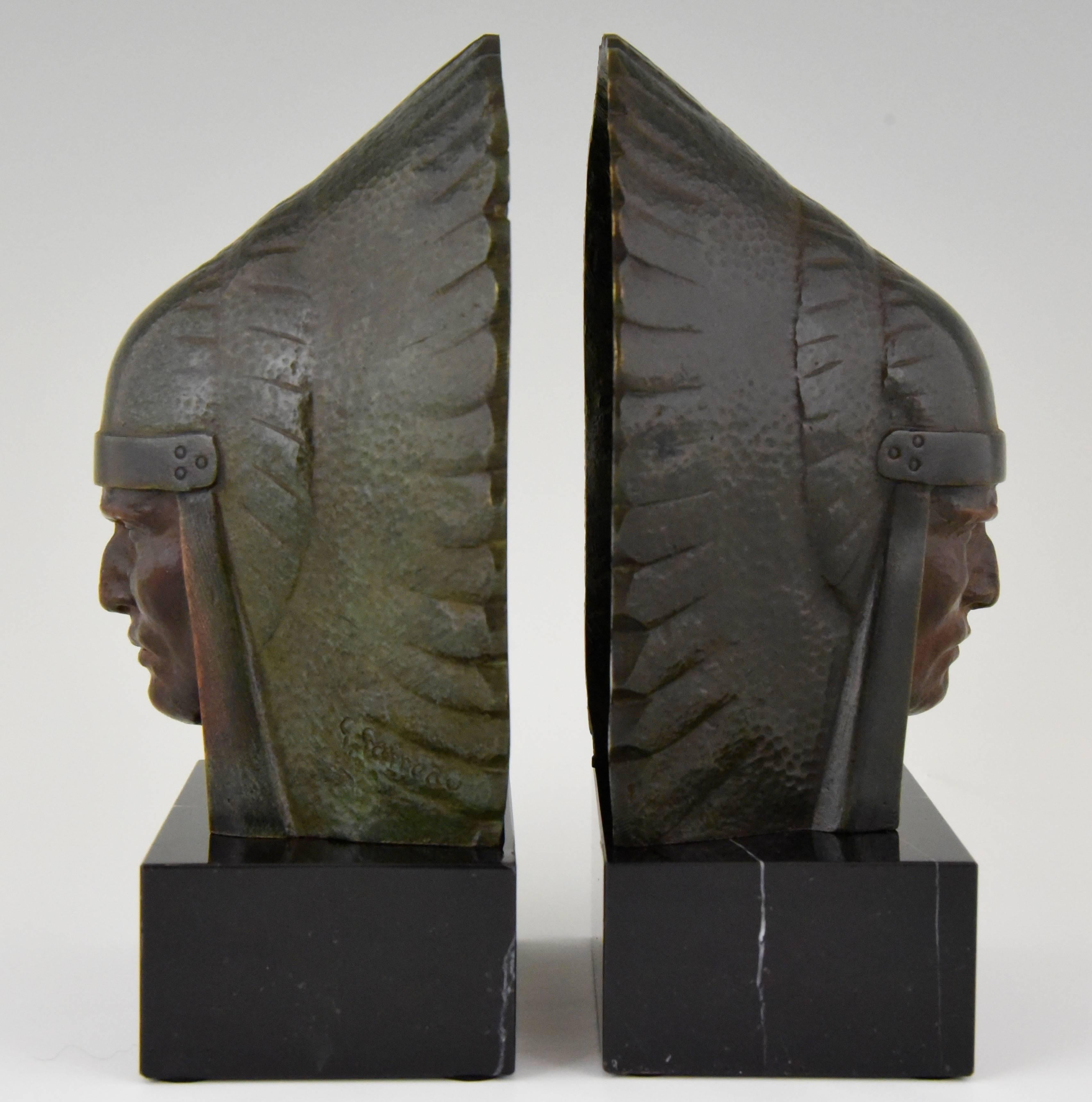 French Art Deco Bronze Indian Head Bookends Georges Garreau, 1930 France