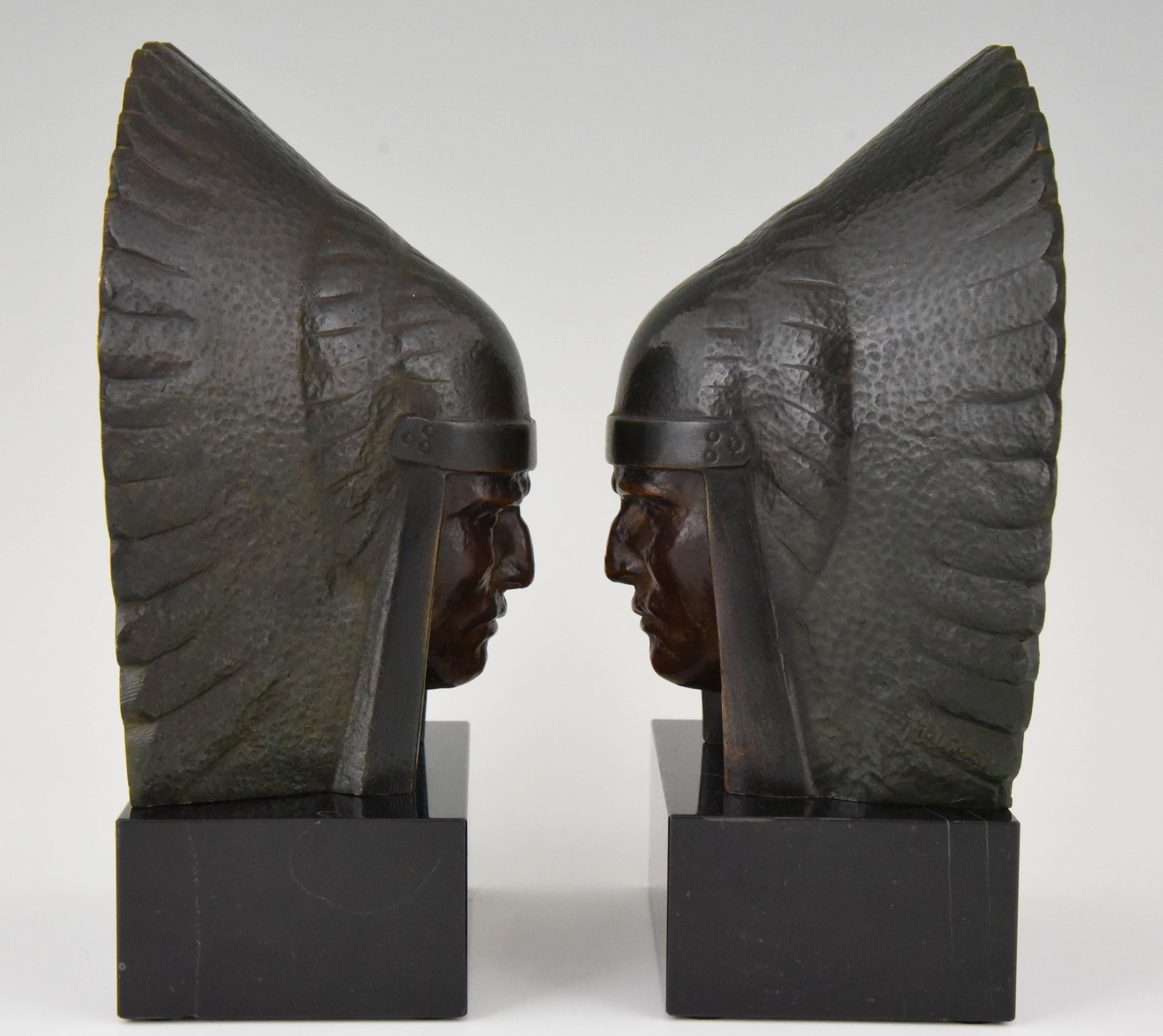 Patinated Art Deco Bronze Indian Head Bookends Georges Garreau, 1930 France