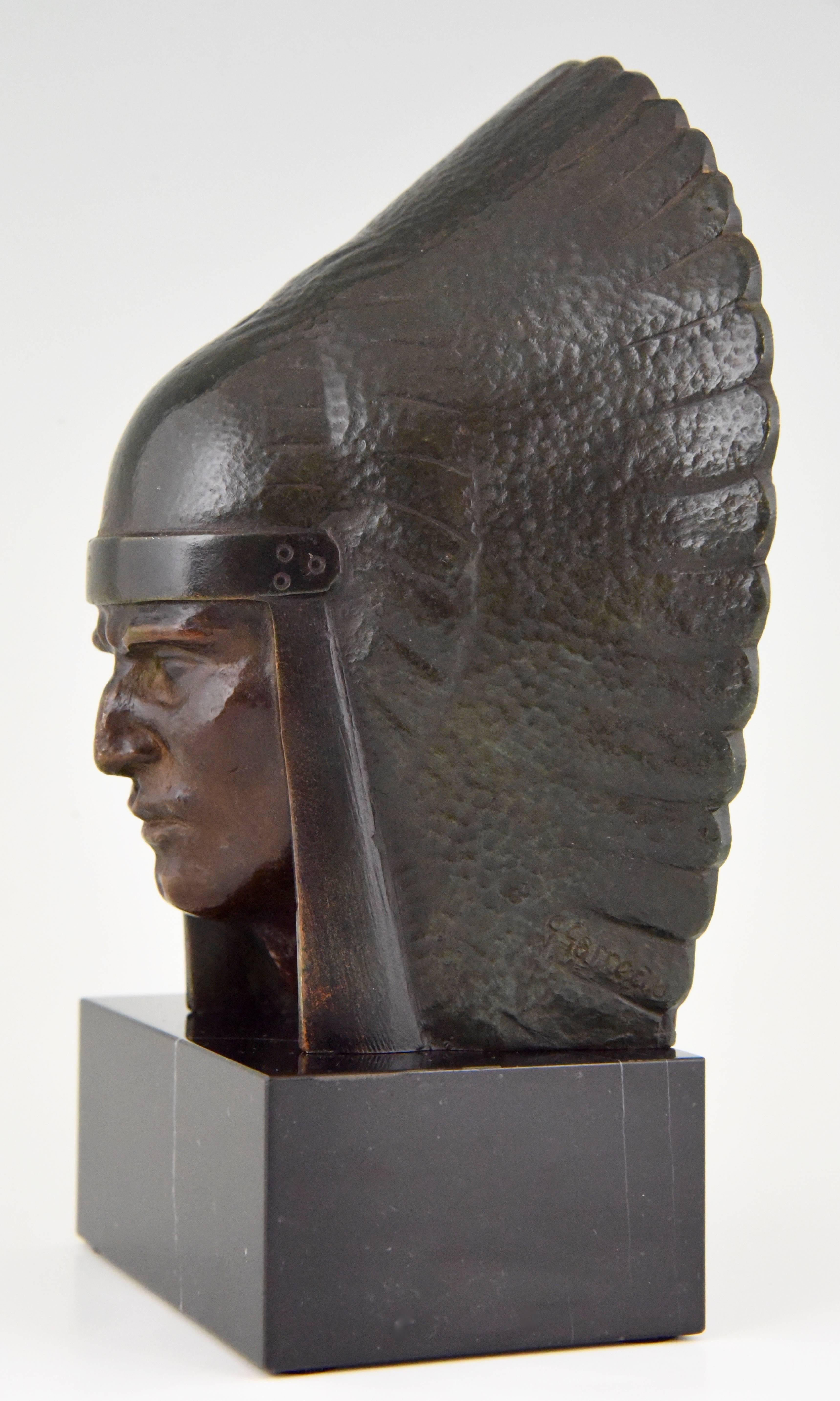 20th Century Art Deco Bronze Indian Head Bookends Georges Garreau, 1930 France