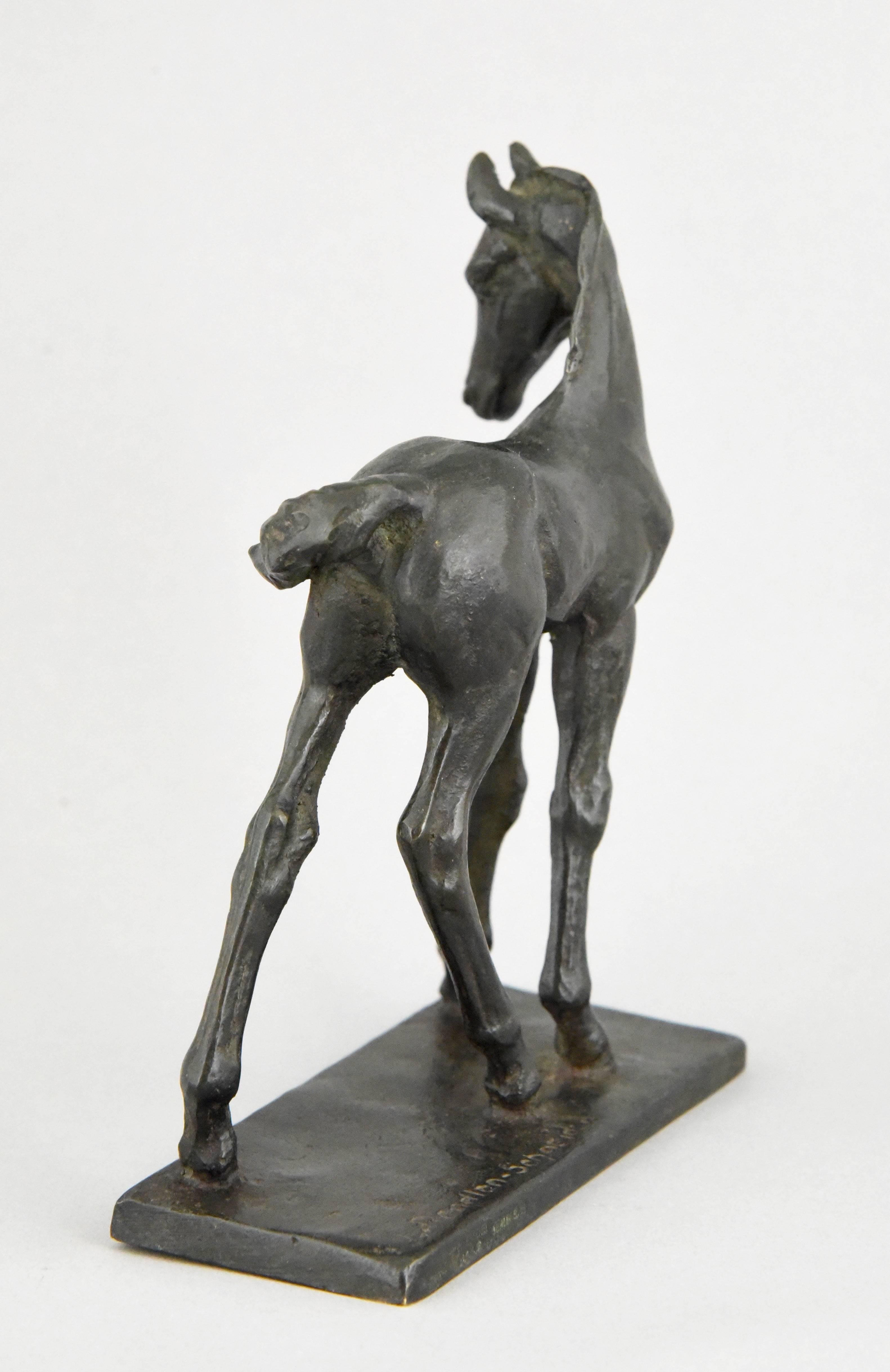Patinated Art Deco Bronze Sculpture of a Foal, Young Horse by Leonore Rendlen Schneider