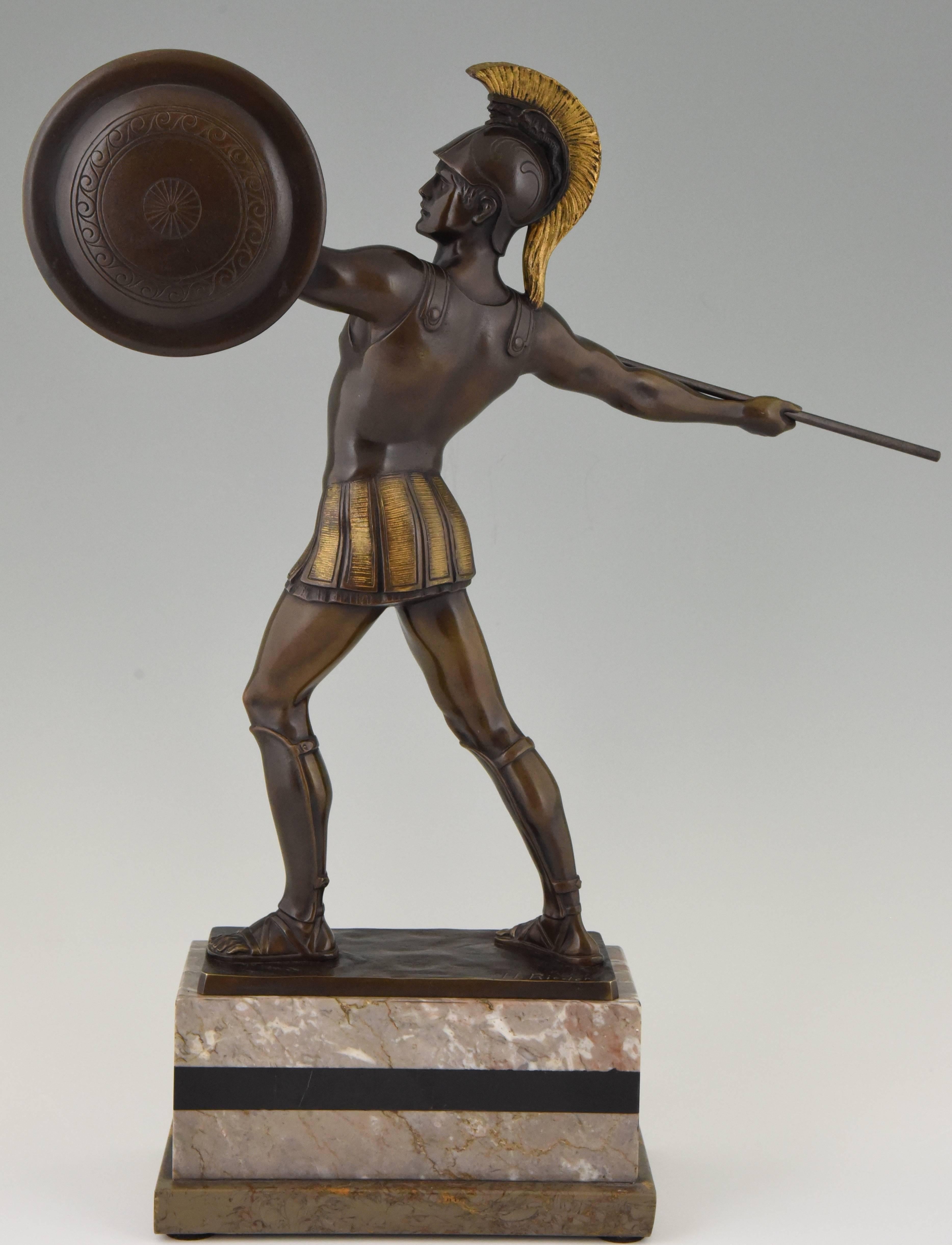 German Bronze Sculpture Roman Warrior with Spear and Helmet H. J. Rieder