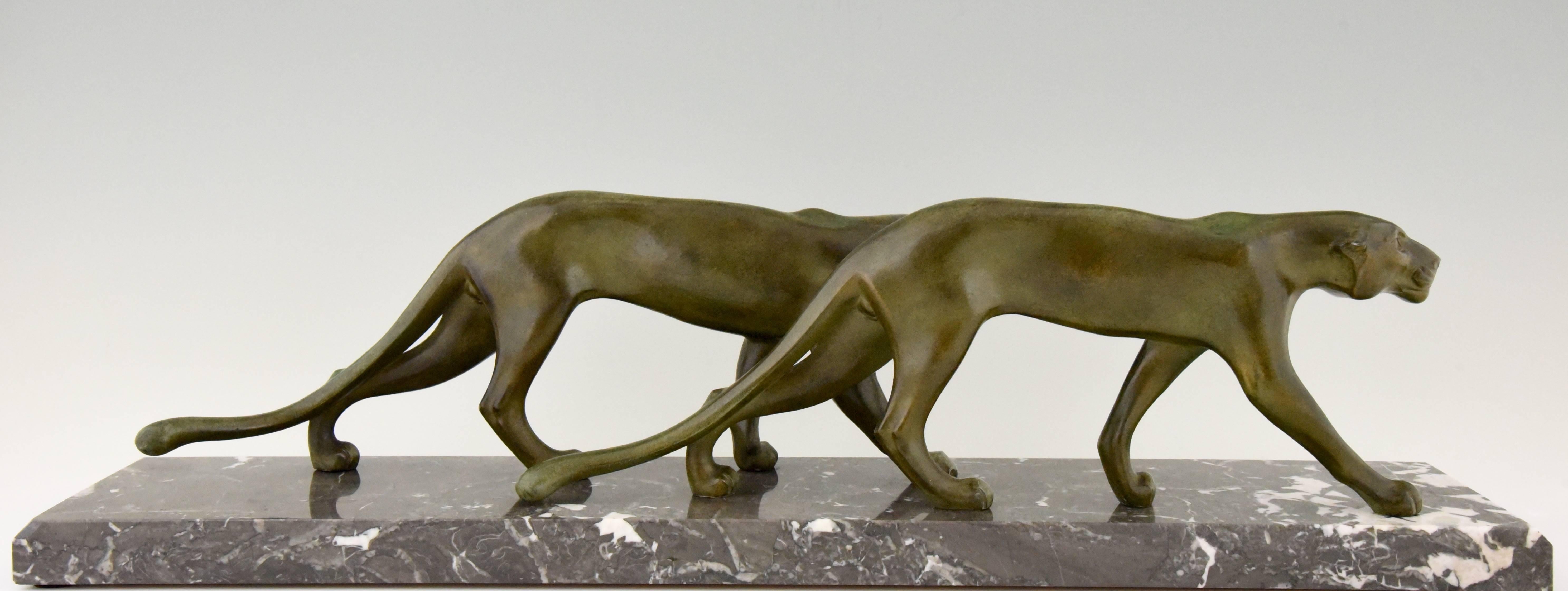 French Art Deco Sculpture of Two Walking Panthers by M. Font France