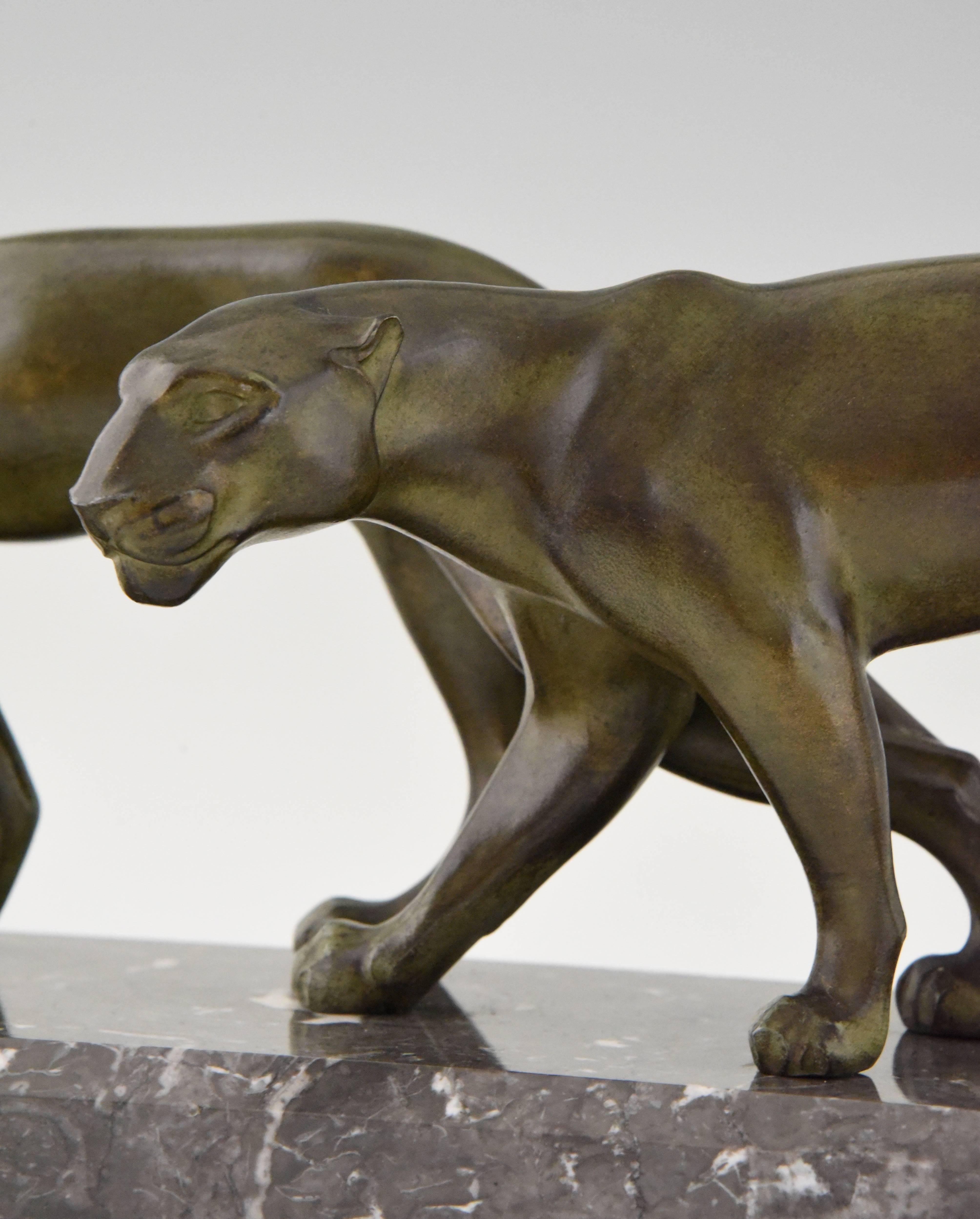 20th Century Art Deco Sculpture of Two Walking Panthers by M. Font France