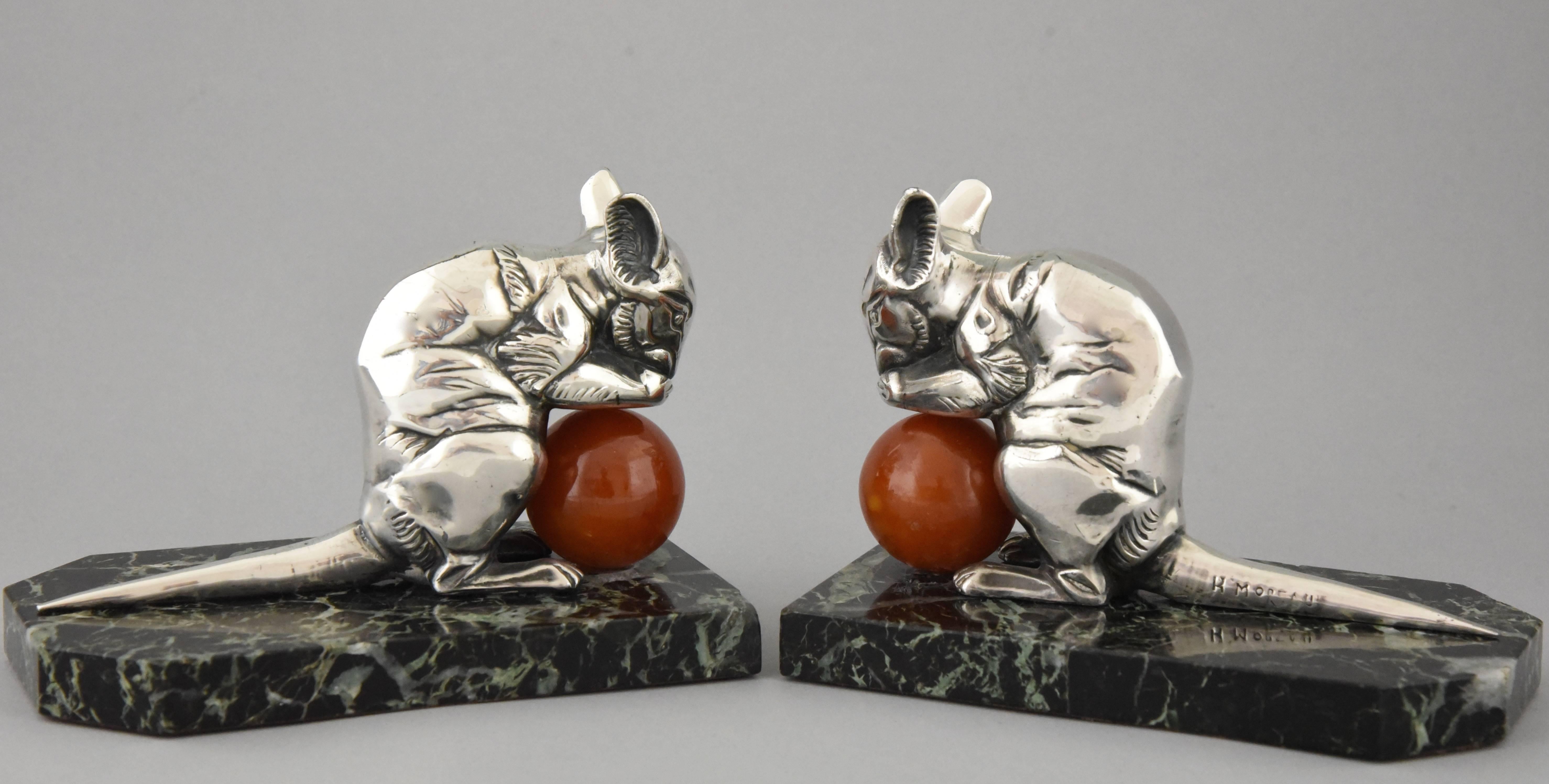 French Art Deco Silvered Mouse Bookends by Hippolyte Moreau, 1930