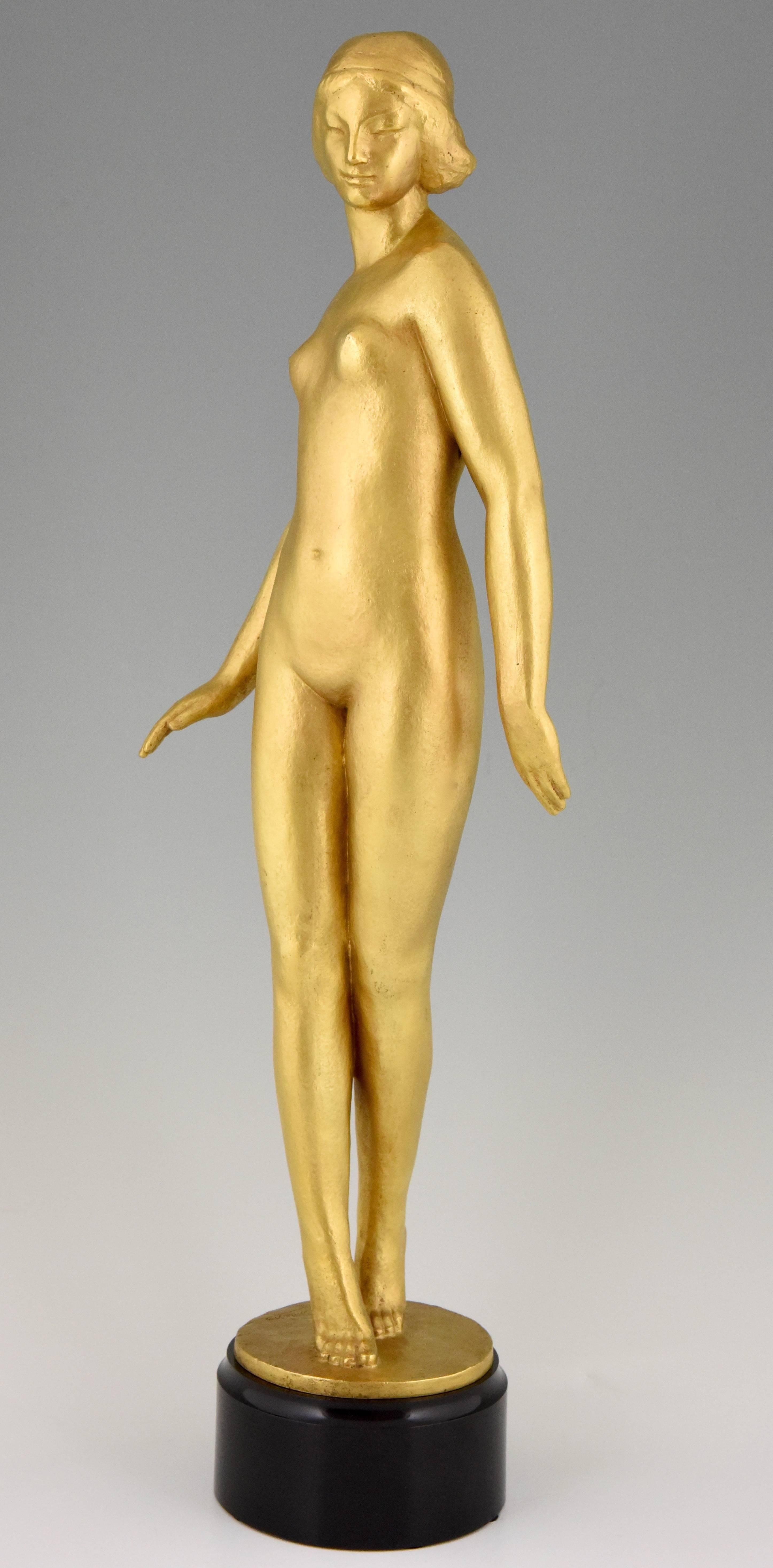 French Art Deco Gilt Bronze Sculpture Standing Nude Gaston Louis Joseph Contesse, 1925
