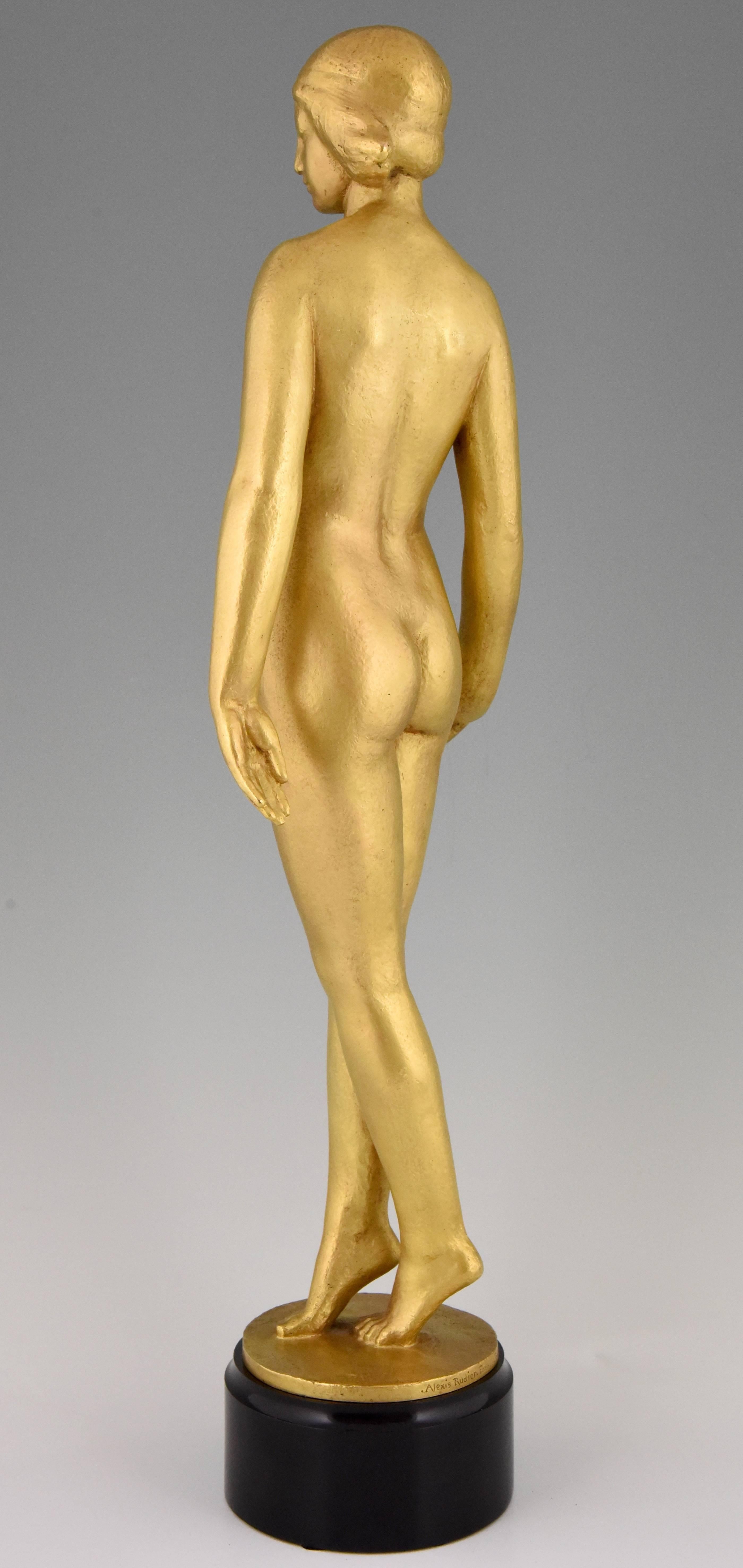 Art Deco Gilt Bronze Sculpture Standing Nude Gaston Louis Joseph Contesse, 1925 In Excellent Condition In Antwerp, BE