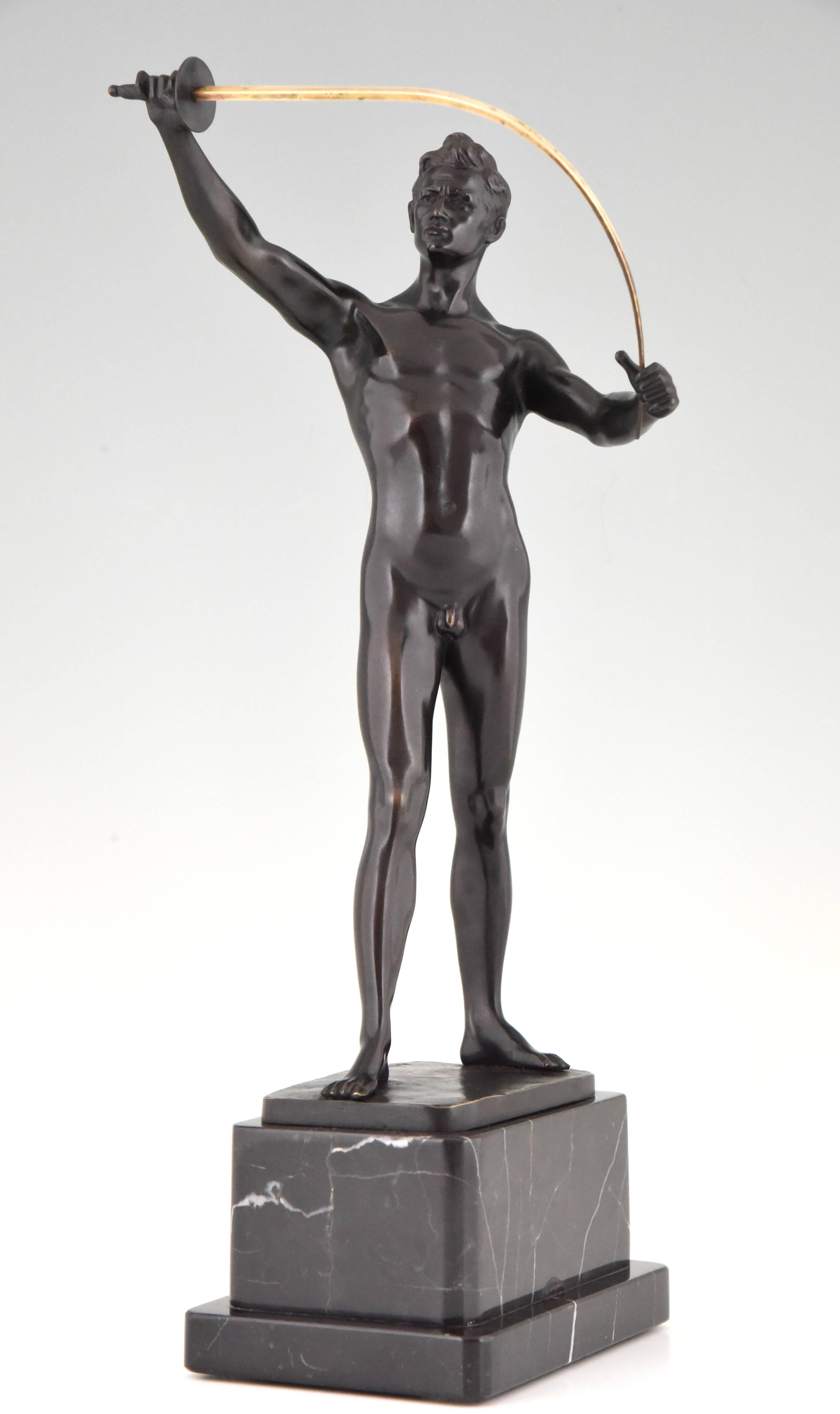 French Art Deco Bronze Sculpture of a male nude Fencer by Auguste Durin, 1920