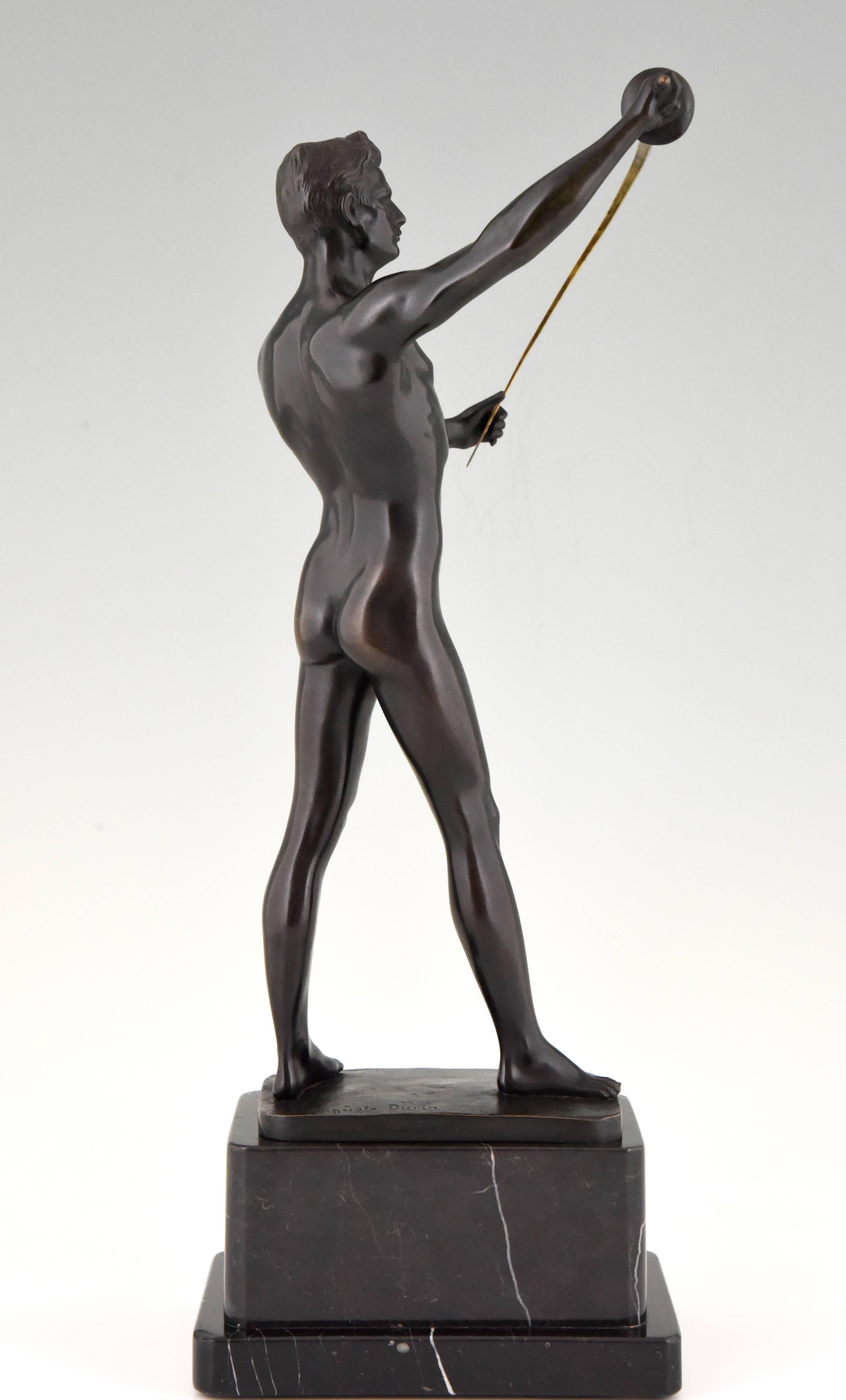 Patinated Art Deco Bronze Sculpture of a male nude Fencer by Auguste Durin, 1920