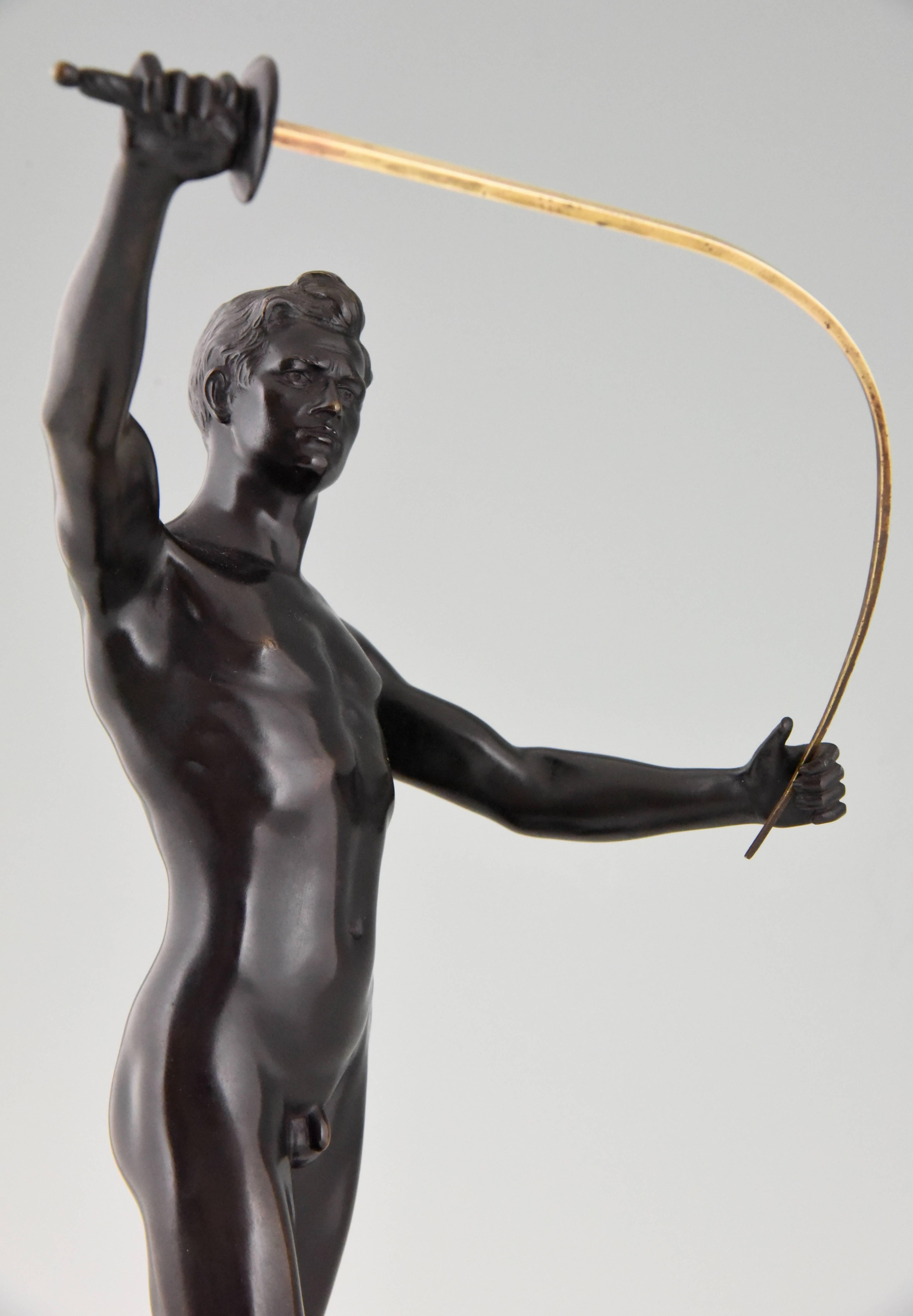 Art Deco Bronze Sculpture of a male nude Fencer by Auguste Durin, 1920 3