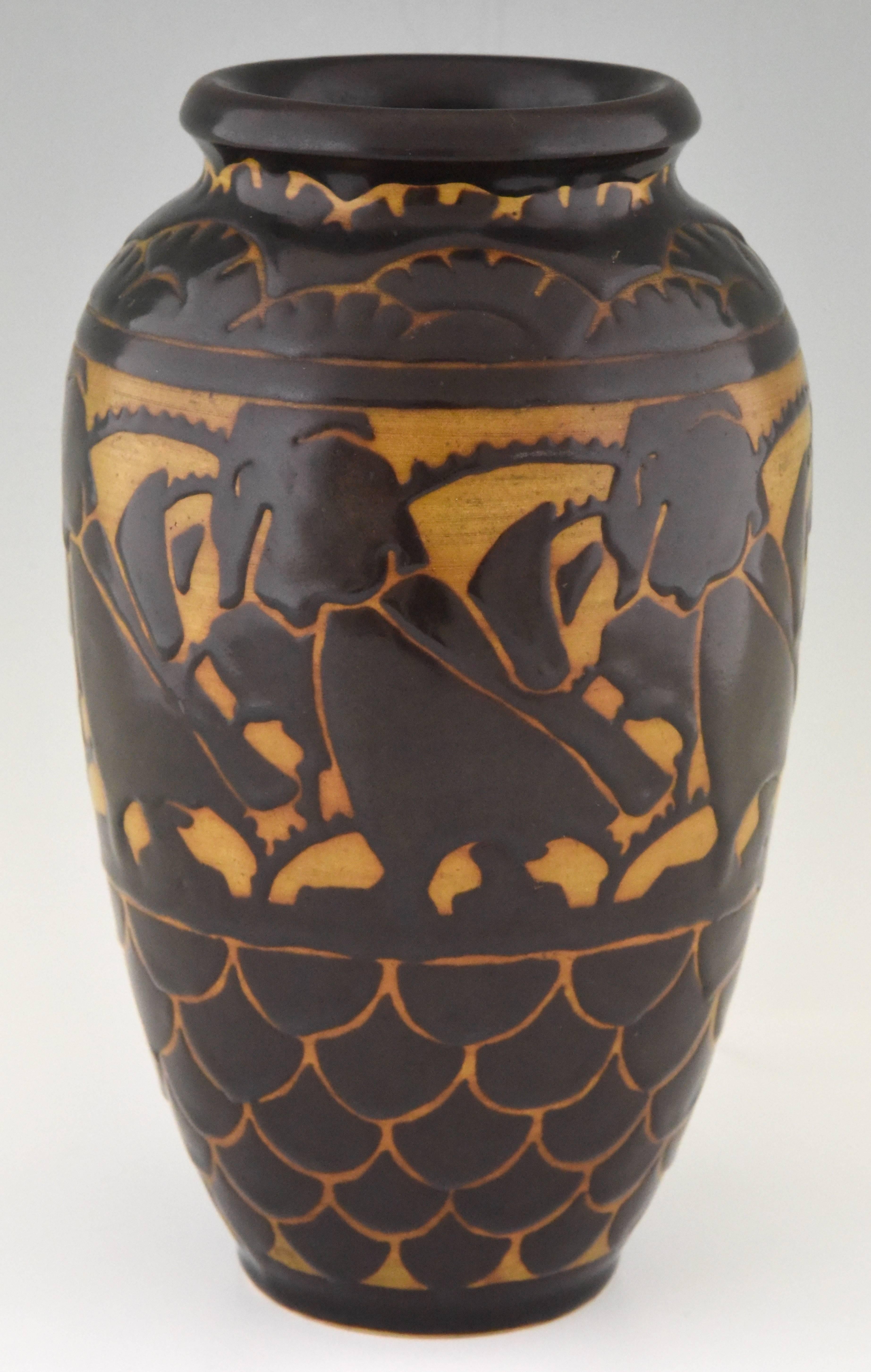 Belgian Art Deco Ceramic Vase with Stylized Birds by Charles Catteau for Keramis, 1925