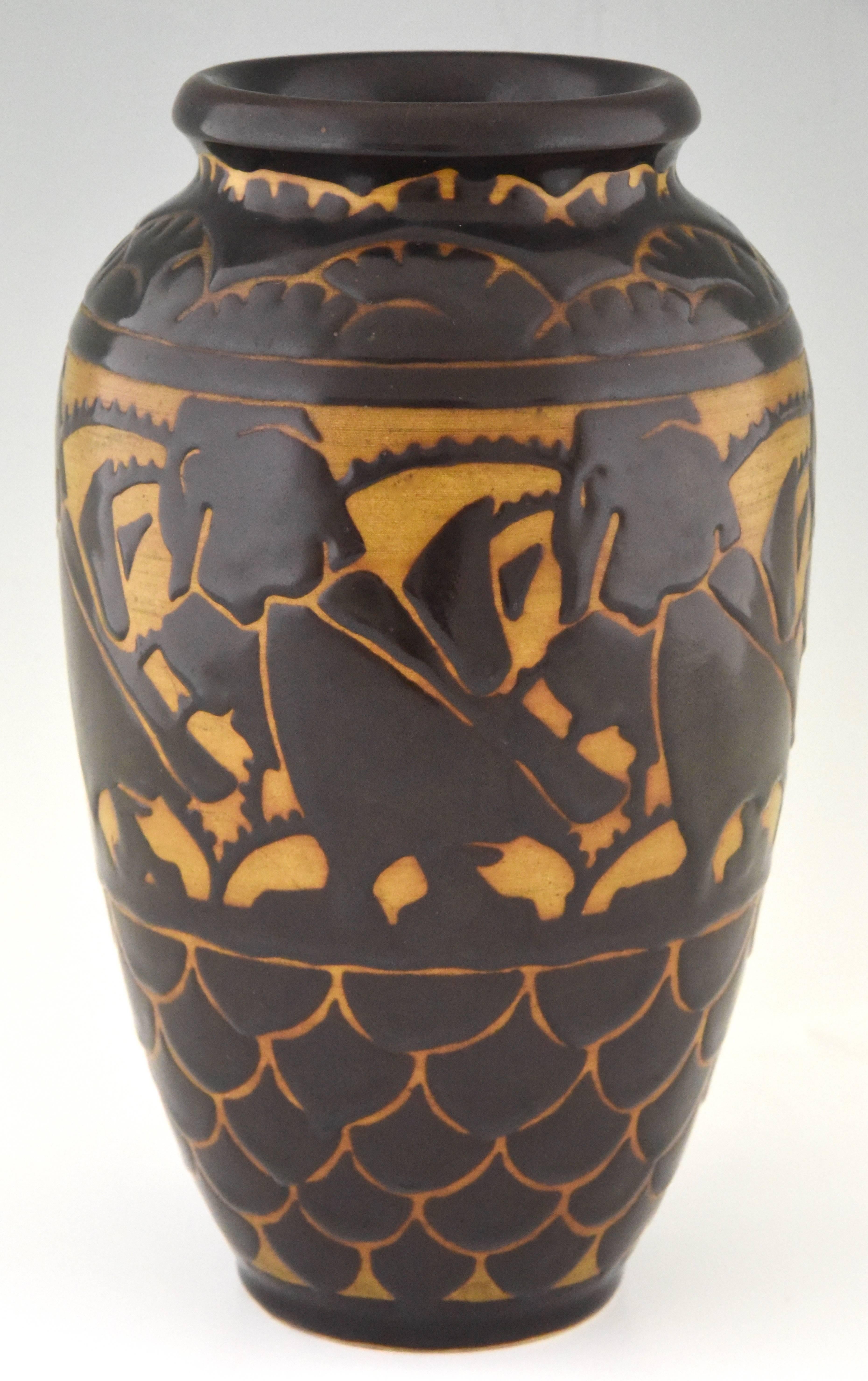 Art Deco Ceramic Vase with Stylized Birds by Charles Catteau for Keramis, 1925 In Excellent Condition In Antwerp, BE